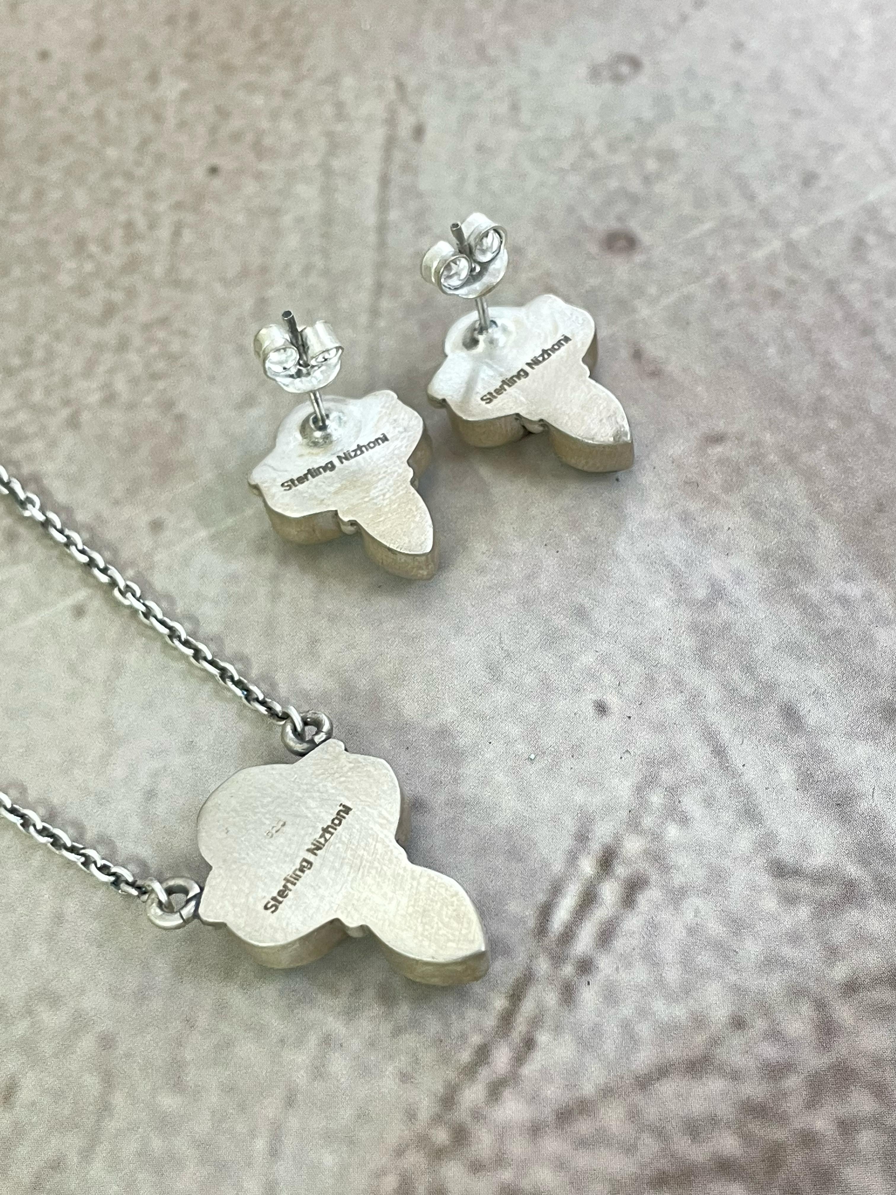 Handmade Sterling Silver Purple Kingman Mojave, Kingman, Black Onyx Necklace Post Earring Set with Signed Nizhoni