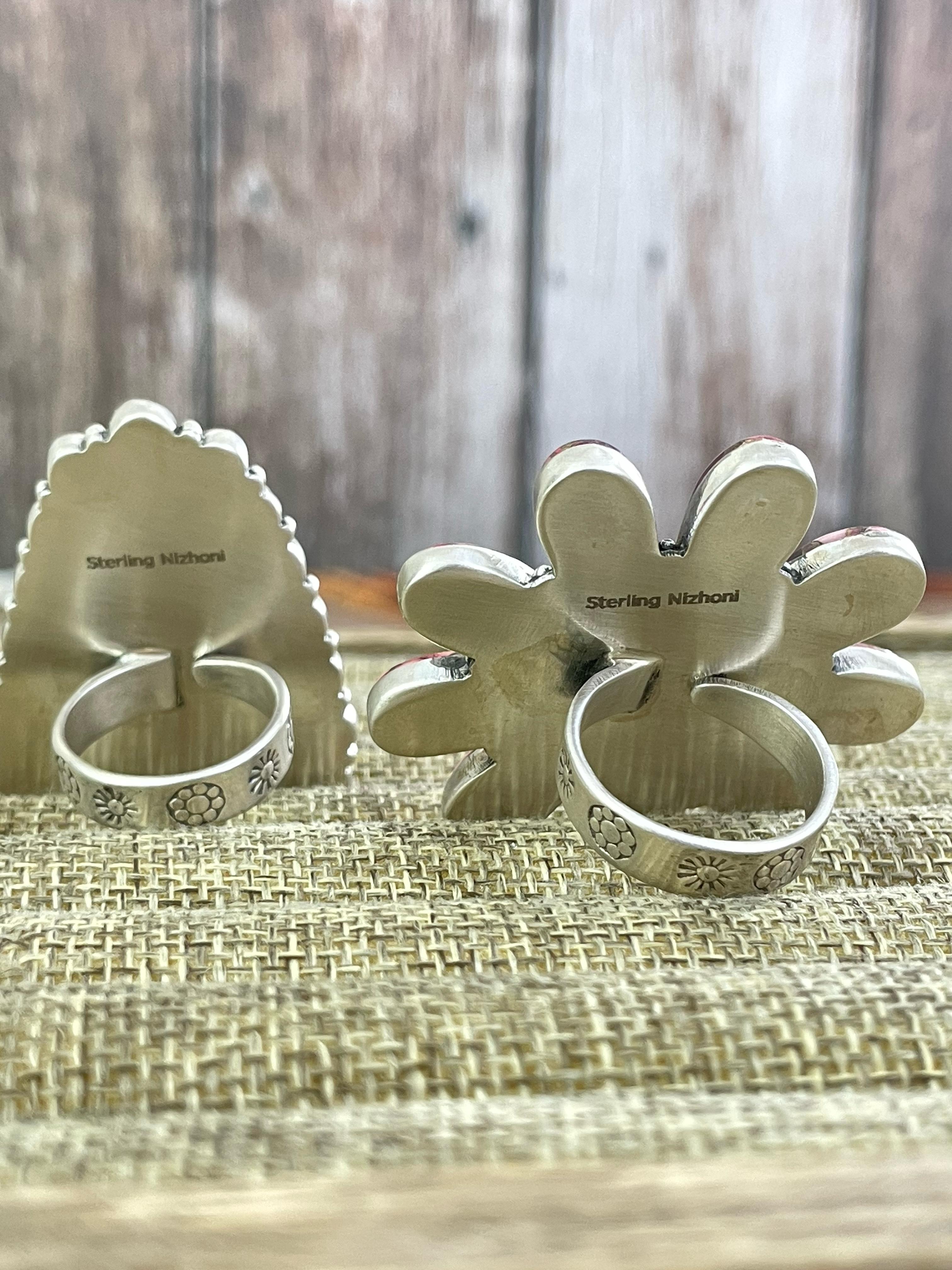 Handmade Silver Sterling Red Rose Dahlia with Emerald Valley Turquoise Adjustable Ring with Signed Nizhoni