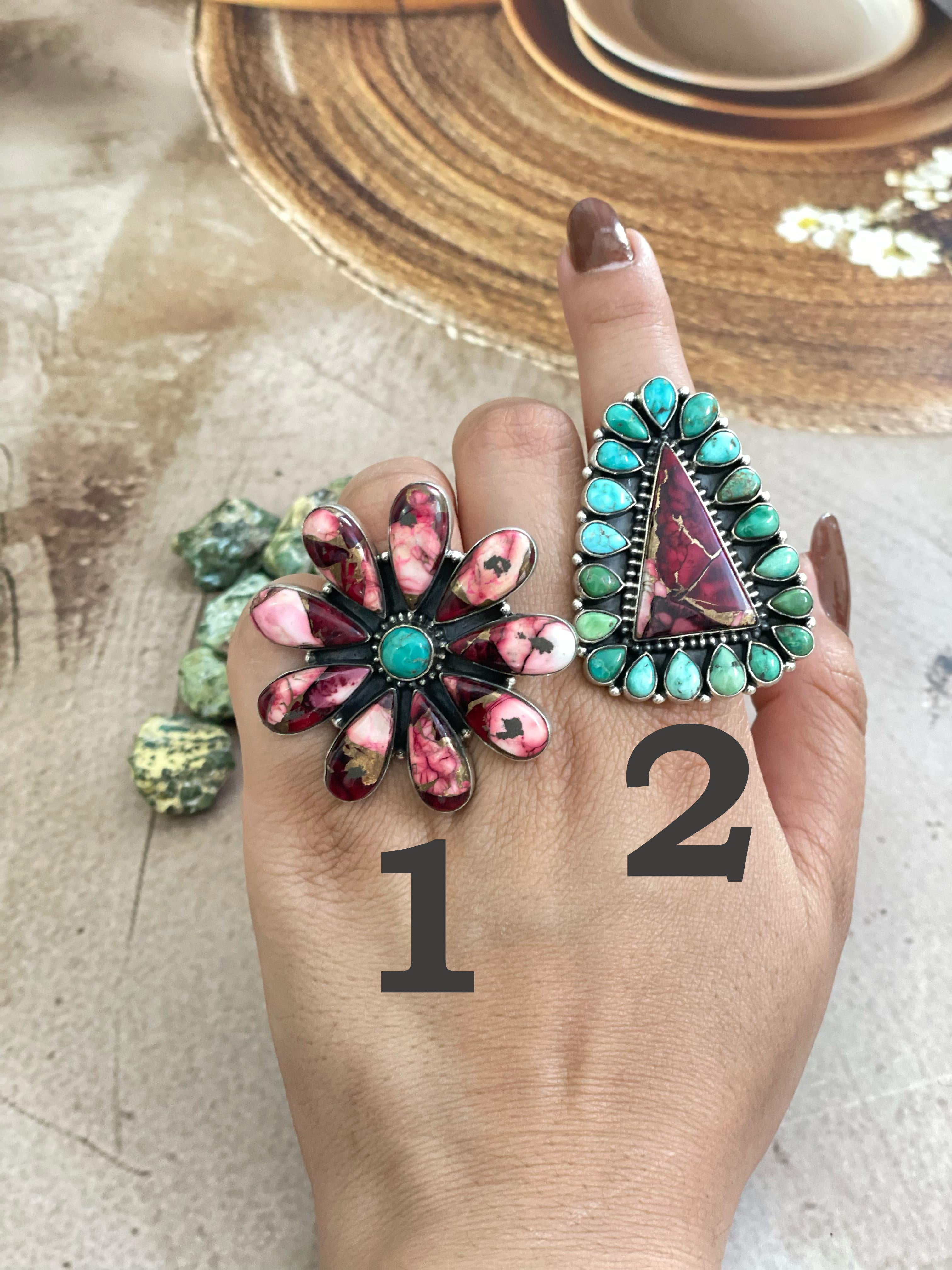 Handmade Silver Sterling Red Rose Dahlia with Emerald Valley Turquoise Adjustable Ring with Signed Nizhoni