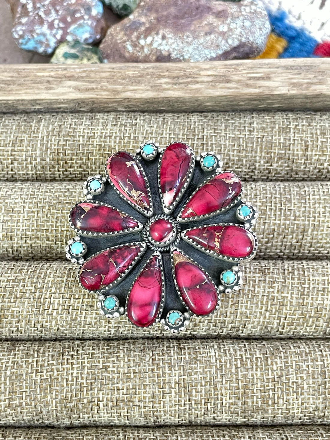 Handmade Sterling Silver Rose Dahlia with Kingman Turquoise Adjustable Ring, Signed Nizhoni