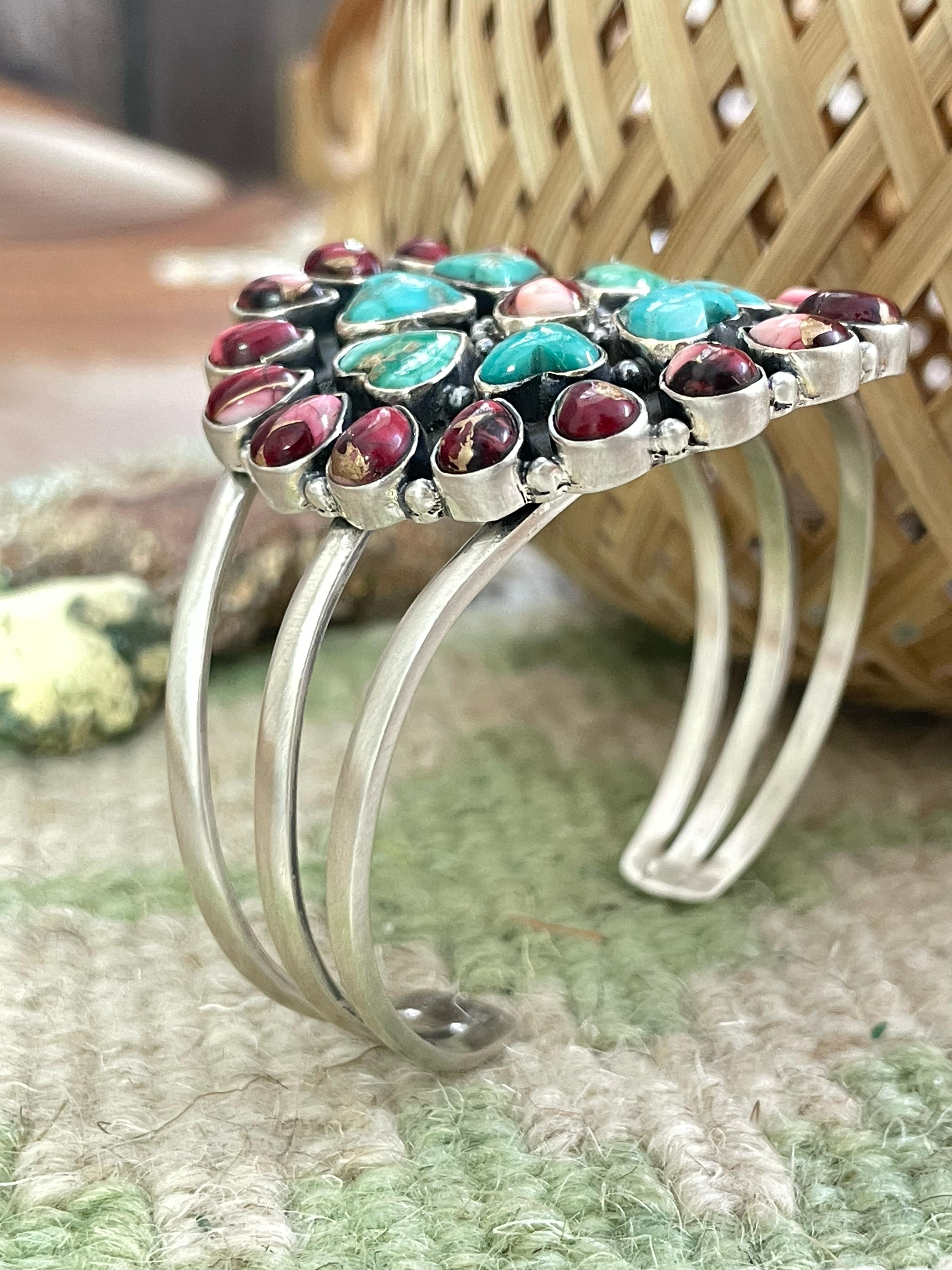 Handmade Sterling Silver Red Rose Dahlia with Emerald Valley Turquoise Cuff Bracelet, Signed Nizhoni