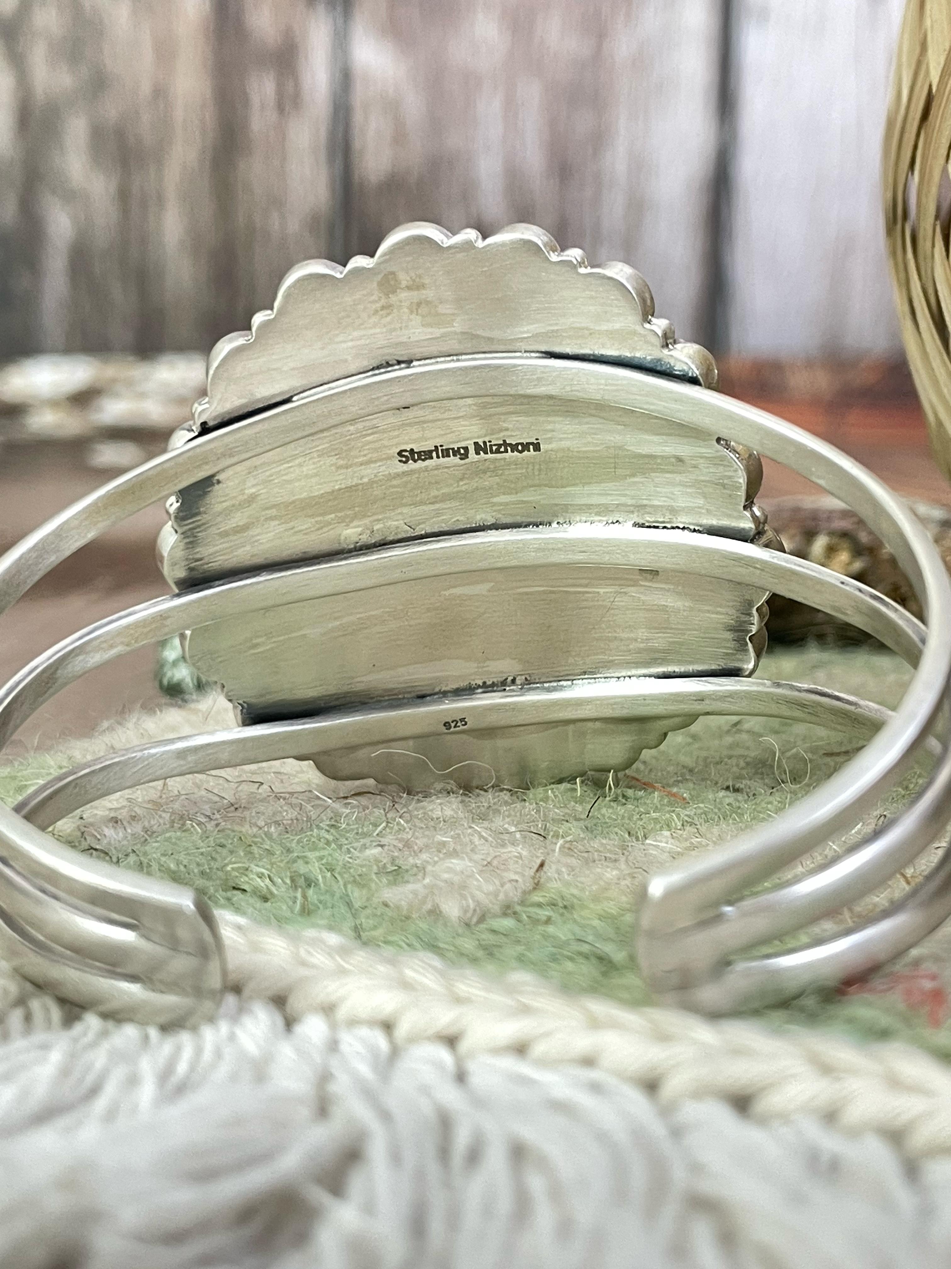 Handmade Sterling Silver Red Rose Dahlia with Emerald Valley Turquoise Cuff Bracelet, Signed Nizhoni