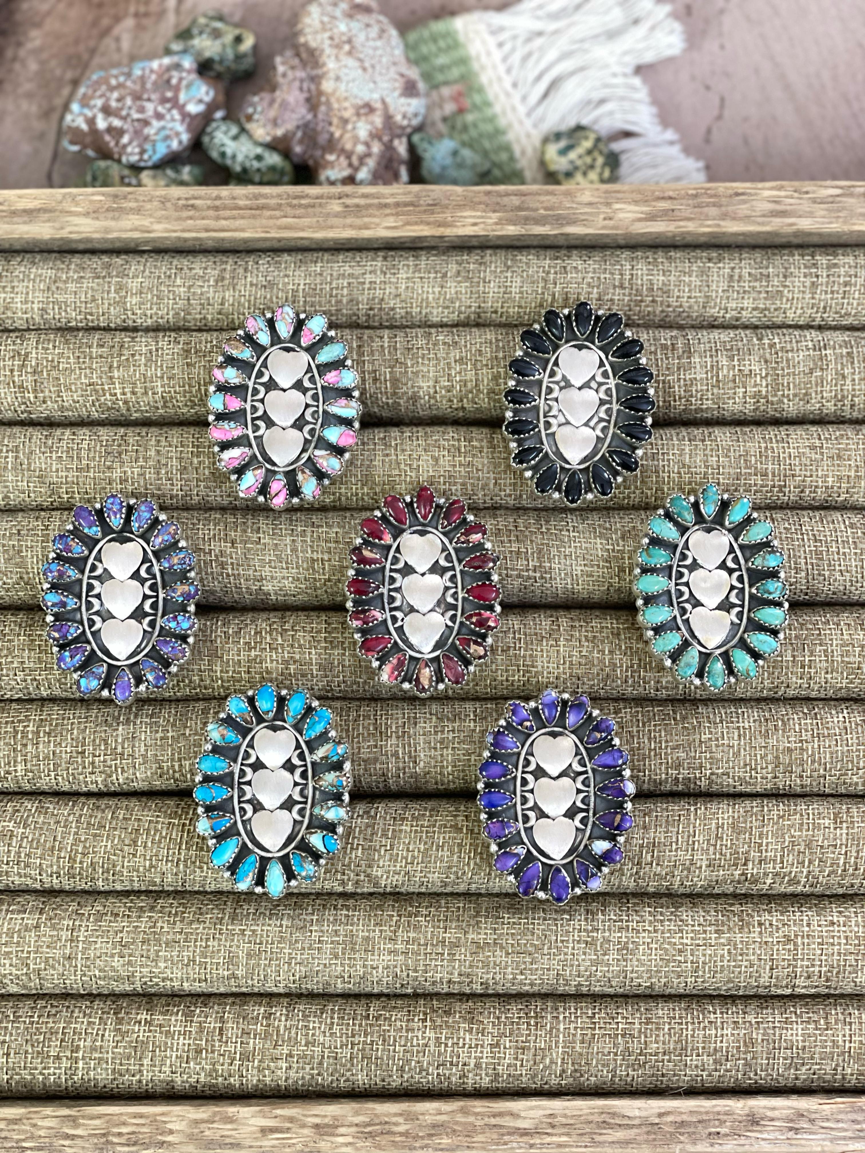 Handmade Sterling Silver Multi Gemstones Adjustable Heart Ring Signed Nizhoni