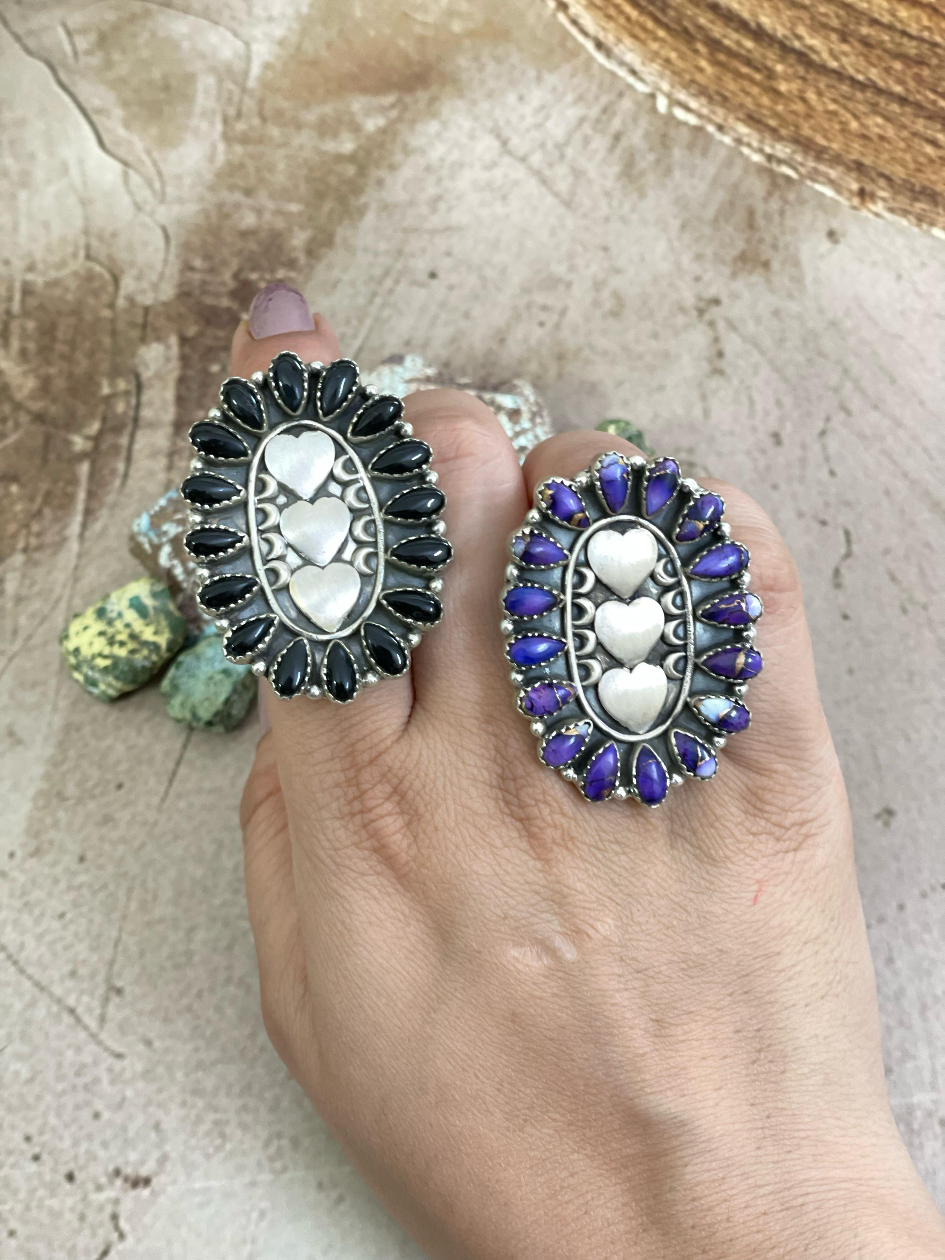 Handmade Sterling Silver Multi Gemstones Adjustable Heart Ring Signed Nizhoni