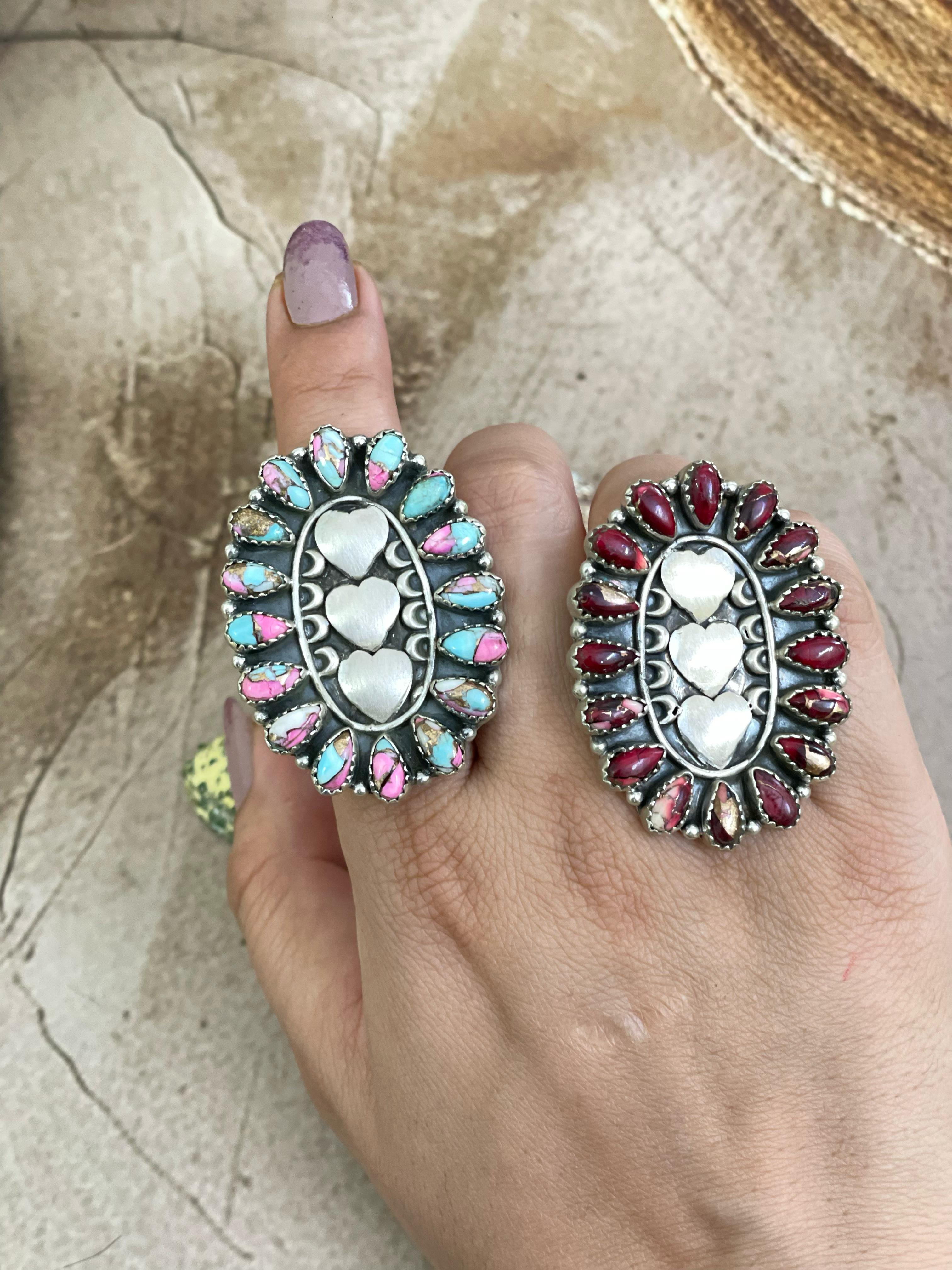 Handmade Sterling Silver Multi Gemstones Adjustable Heart Ring Signed Nizhoni