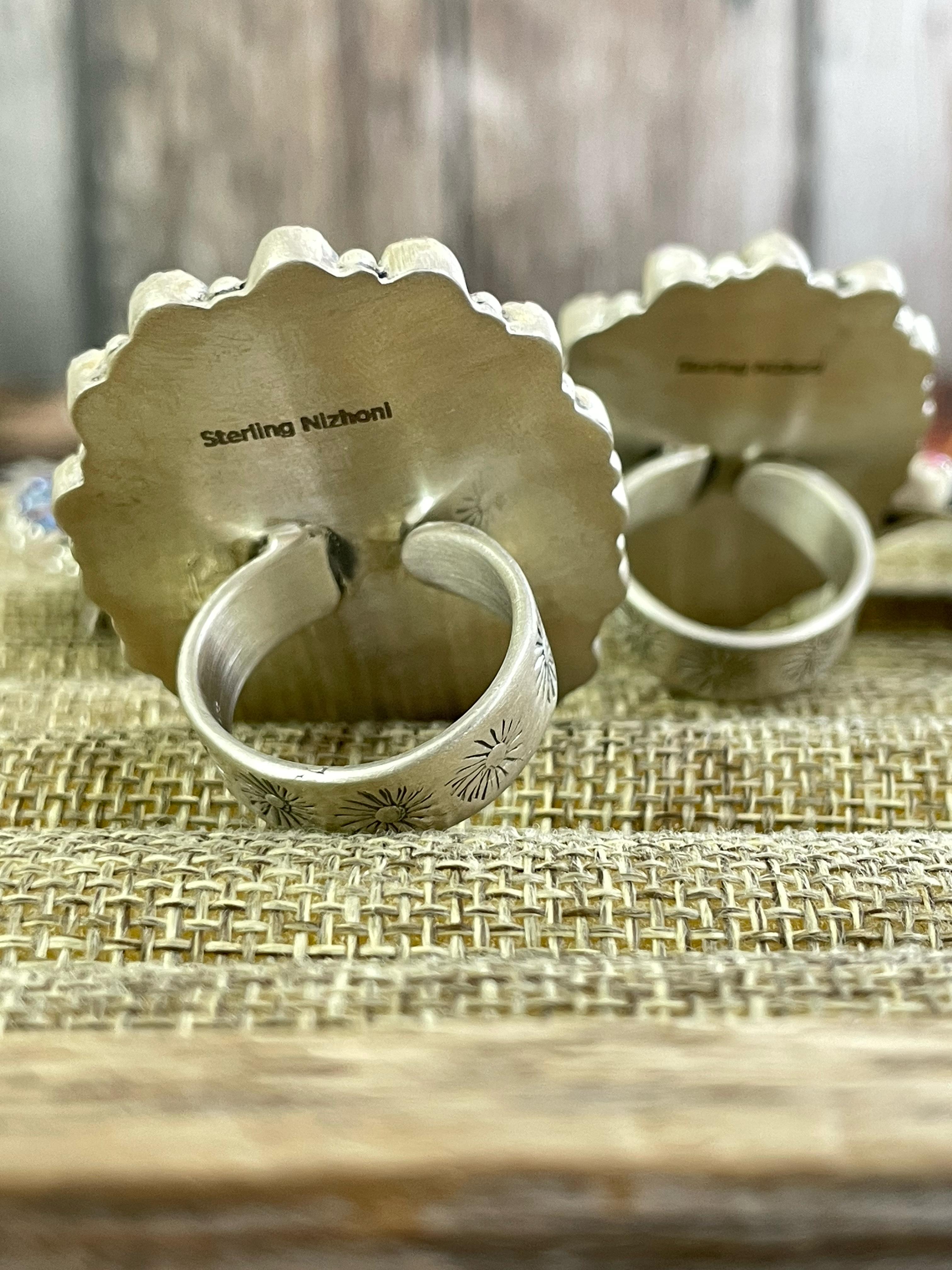 Handmade Sterling Silver Multi Gemstones Adjustable Heart Ring Signed Nizhoni