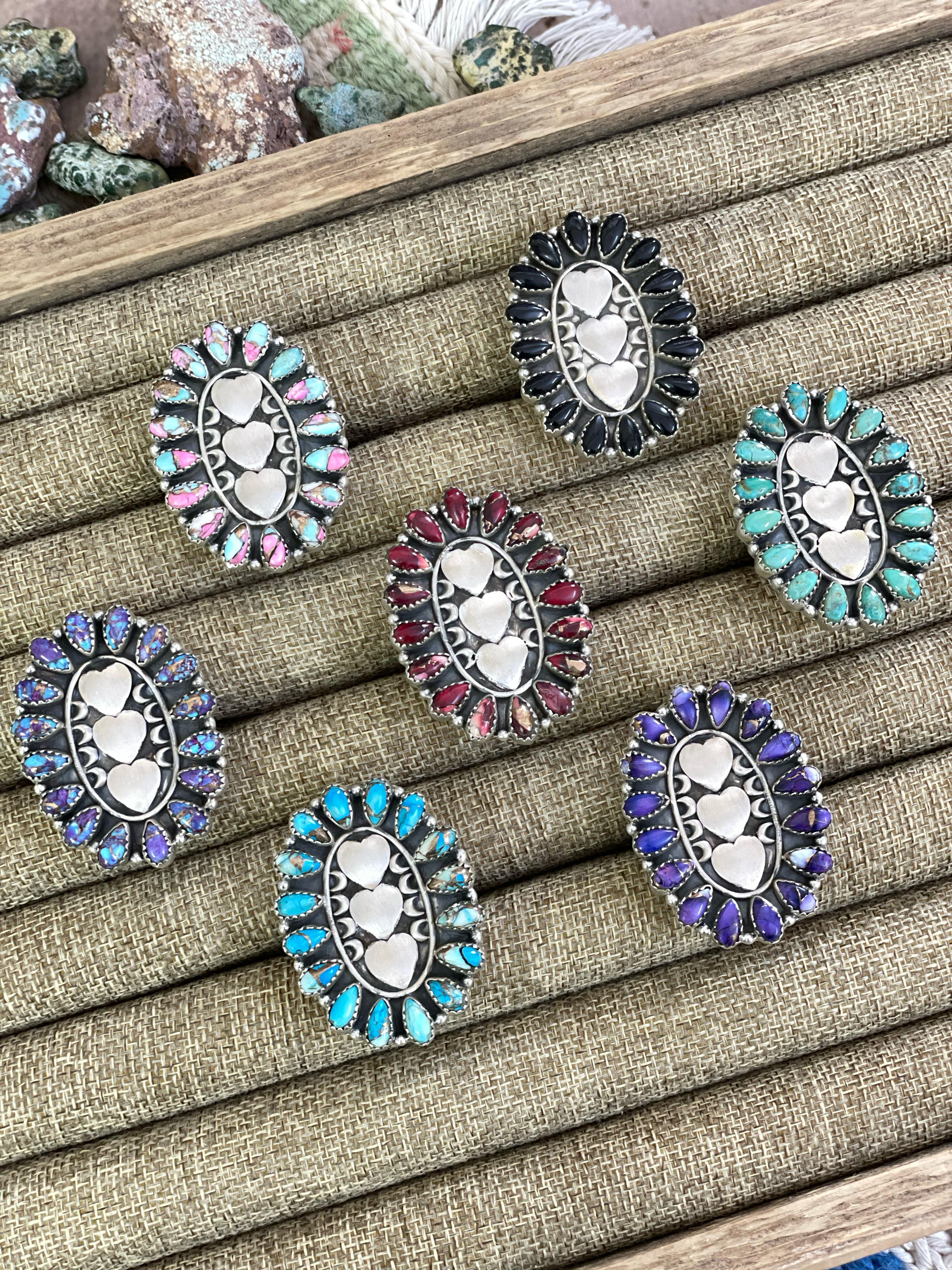 Handmade Sterling Silver Multi Gemstones Adjustable Heart Ring Signed Nizhoni