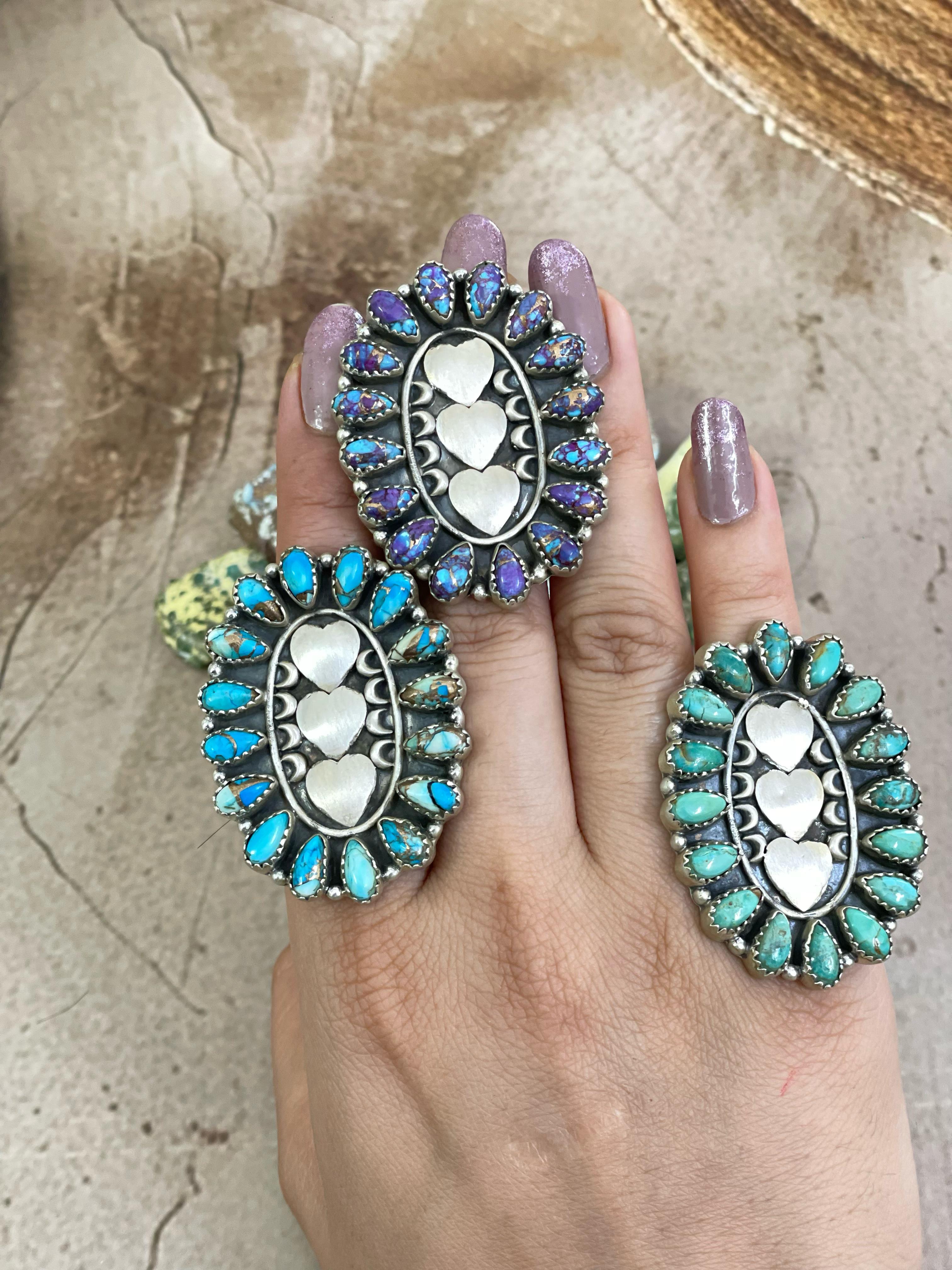 Handmade Sterling Silver Multi Gemstones Adjustable Heart Ring Signed Nizhoni