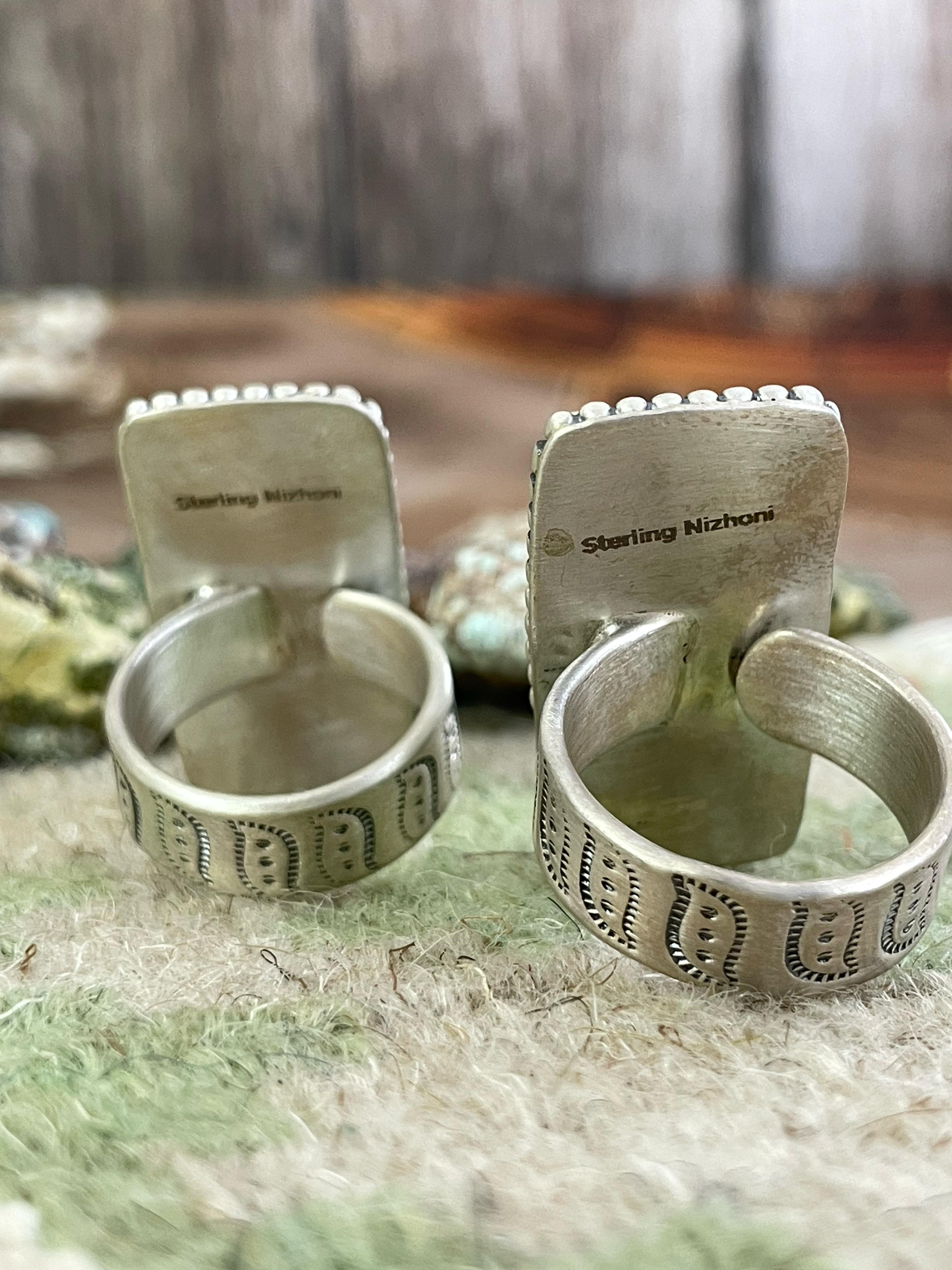 Handmade Sterling Silver Peacock Dahlia, White Buffalo Turquoise Adjustable Ring, Signed Nizhoni