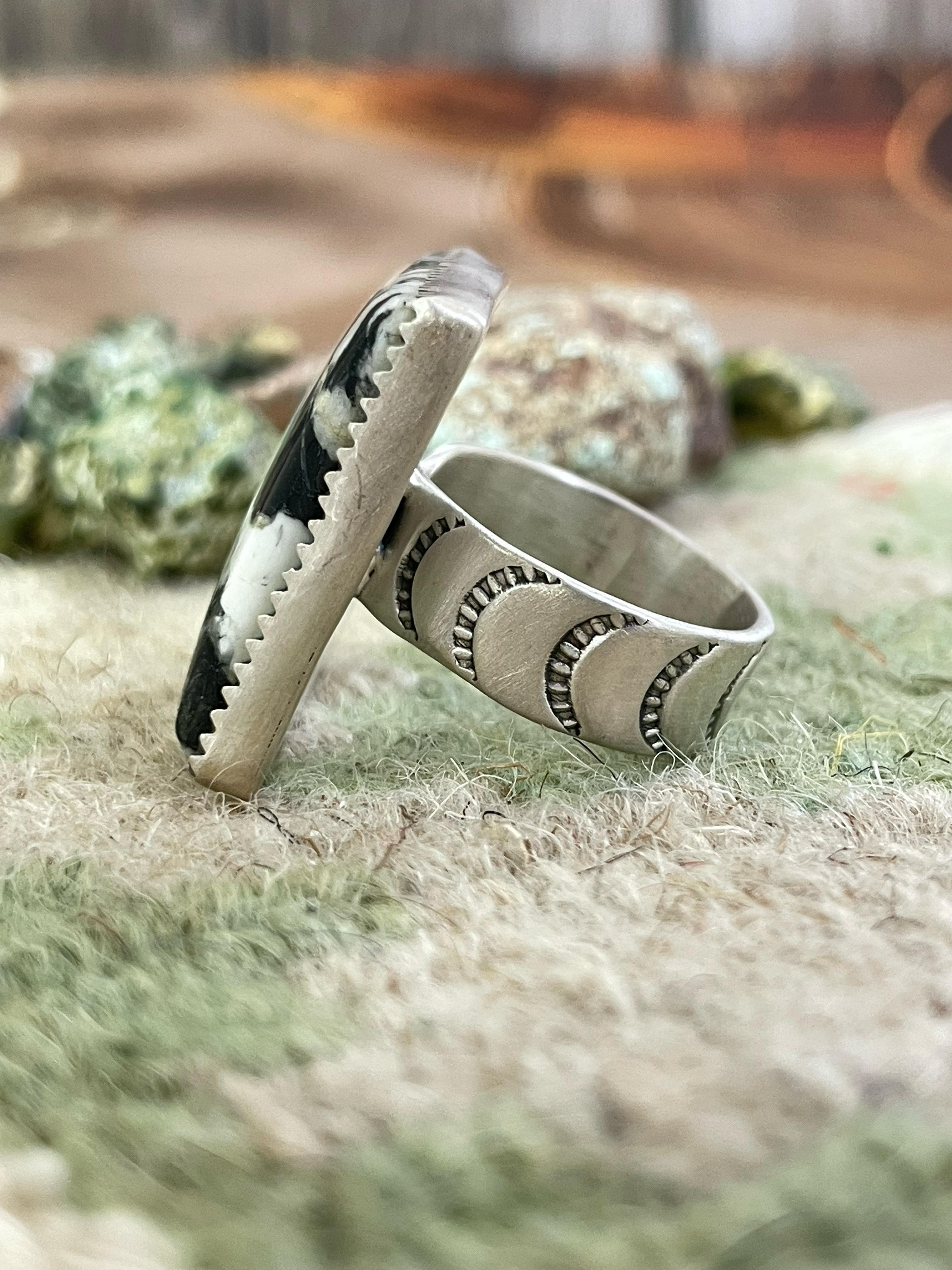 Handmade Sterling Silver White Buffalo Square Adjustable Ring with Signed Nizhoni