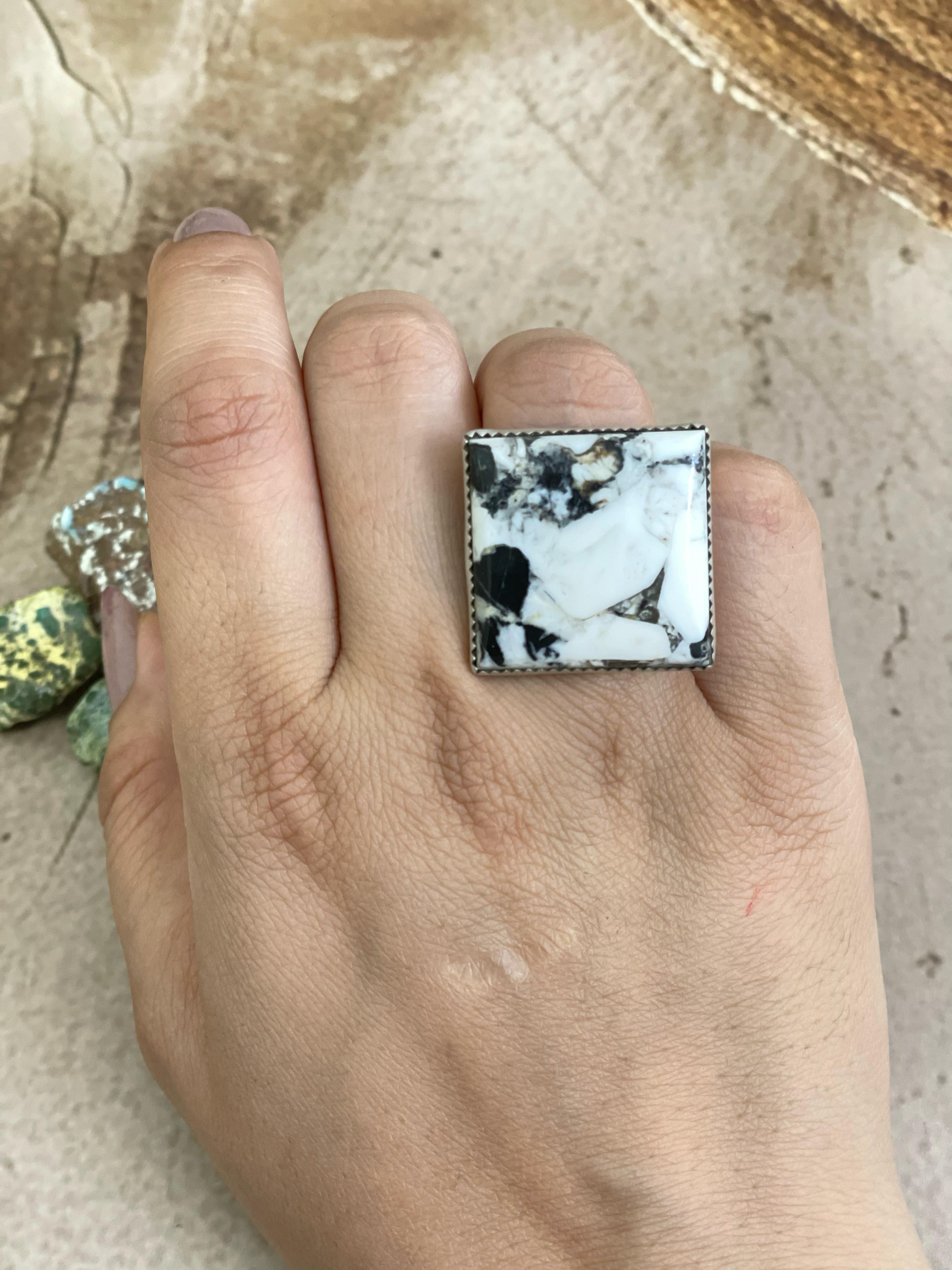 Handmade Sterling Silver White Buffalo Square Adjustable Ring with Signed Nizhoni