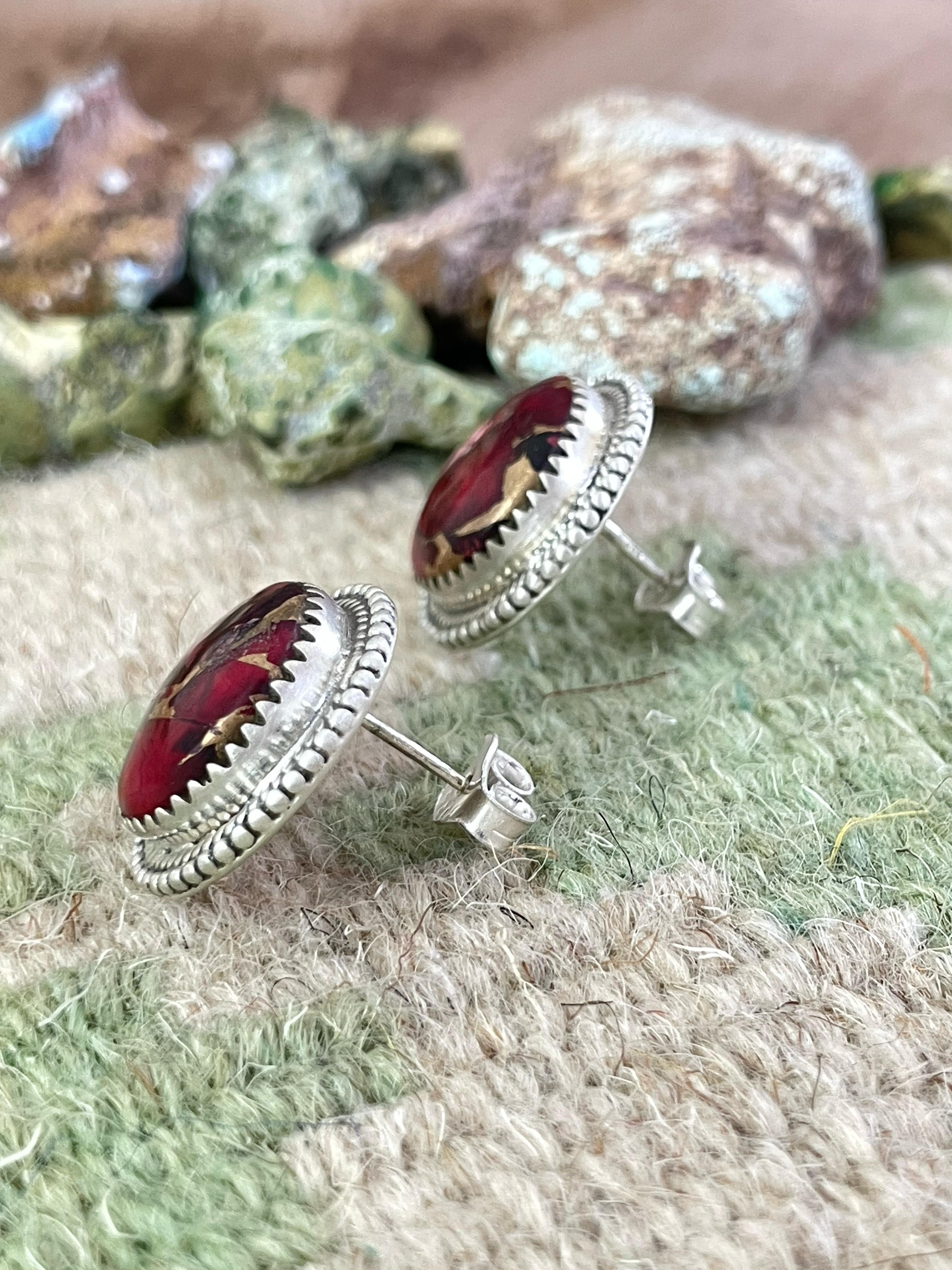 Handmade Sterling Silver Red Rose Dahlia Post Earrings with Signed Nizhoni