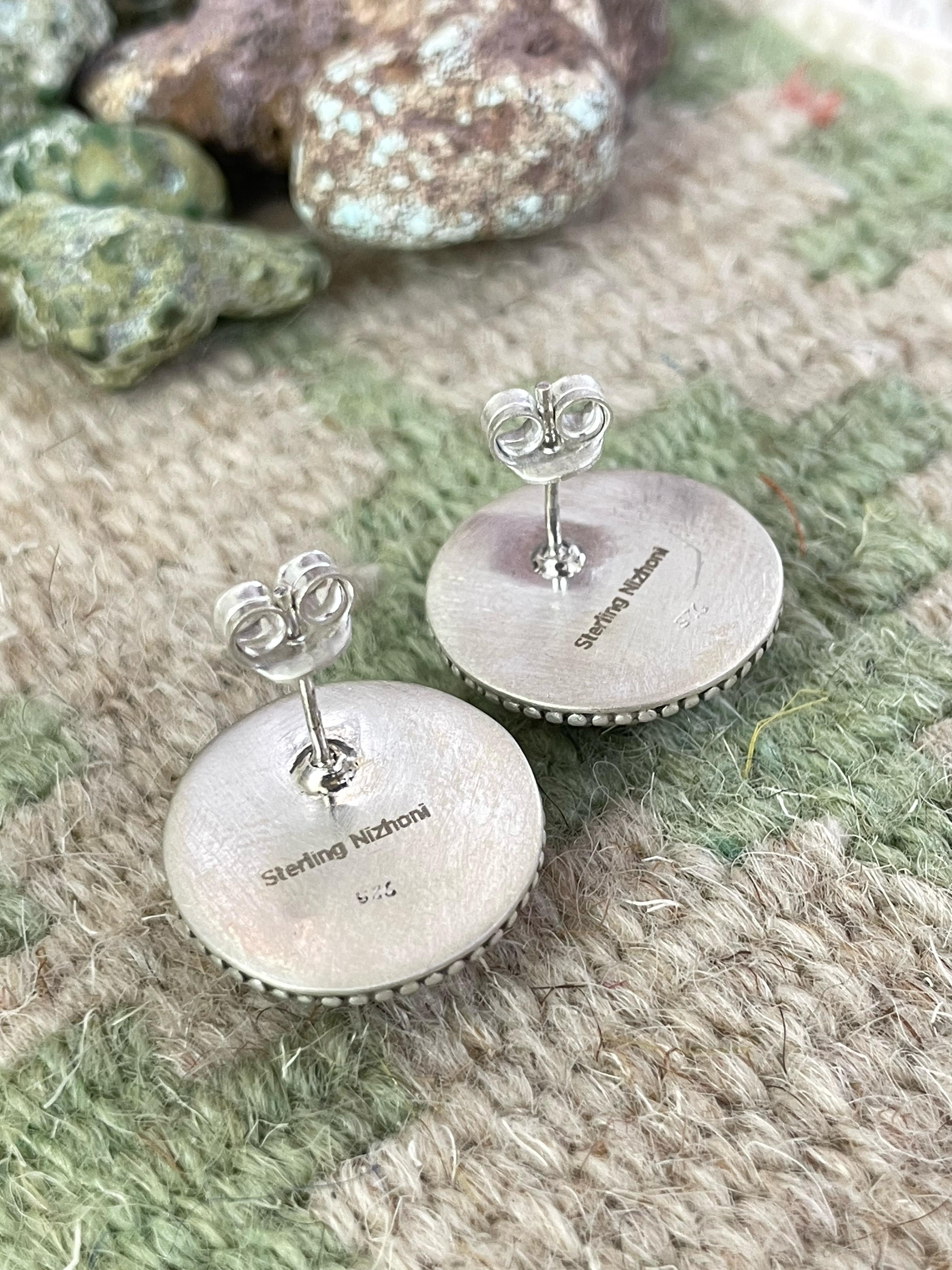 Handmade Sterling Silver Red Rose Dahlia Post Earrings with Signed Nizhoni