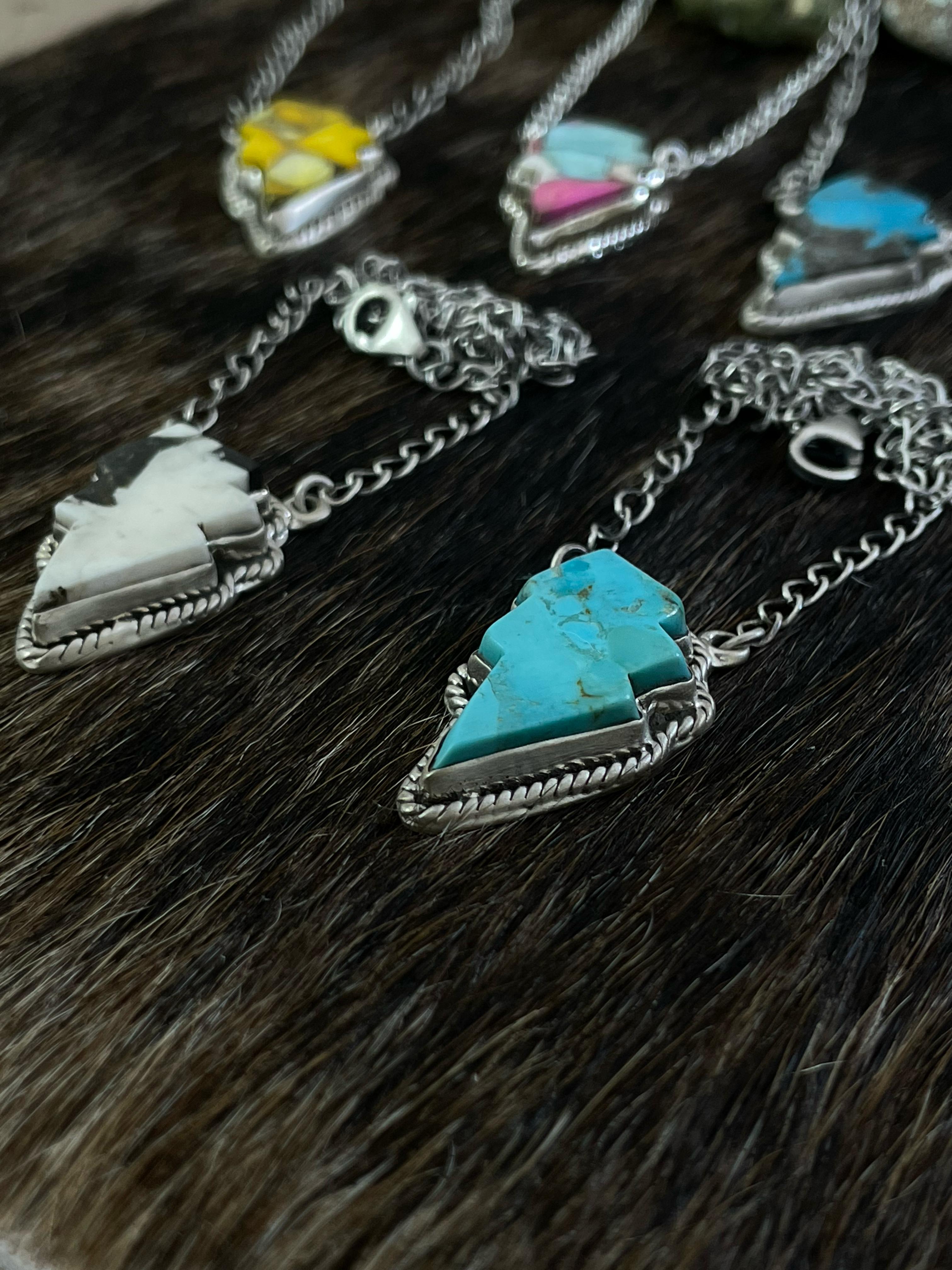 Handmade Sterling Silver Multi Gemstone Lightening Bolt Necklace with Signed Nizhoni