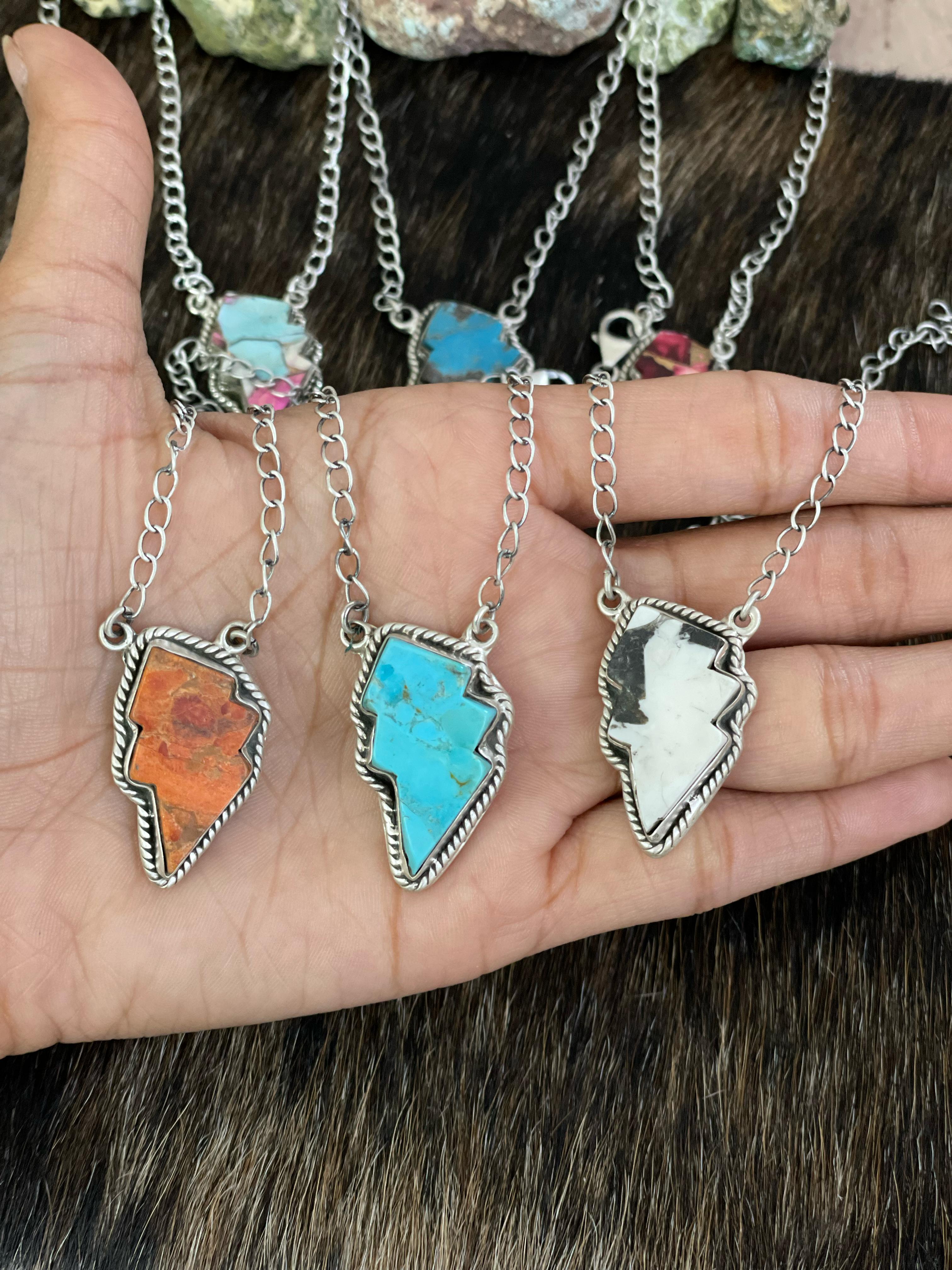 Handmade Sterling Silver Multi Gemstone Lightening Bolt Necklace with Signed Nizhoni