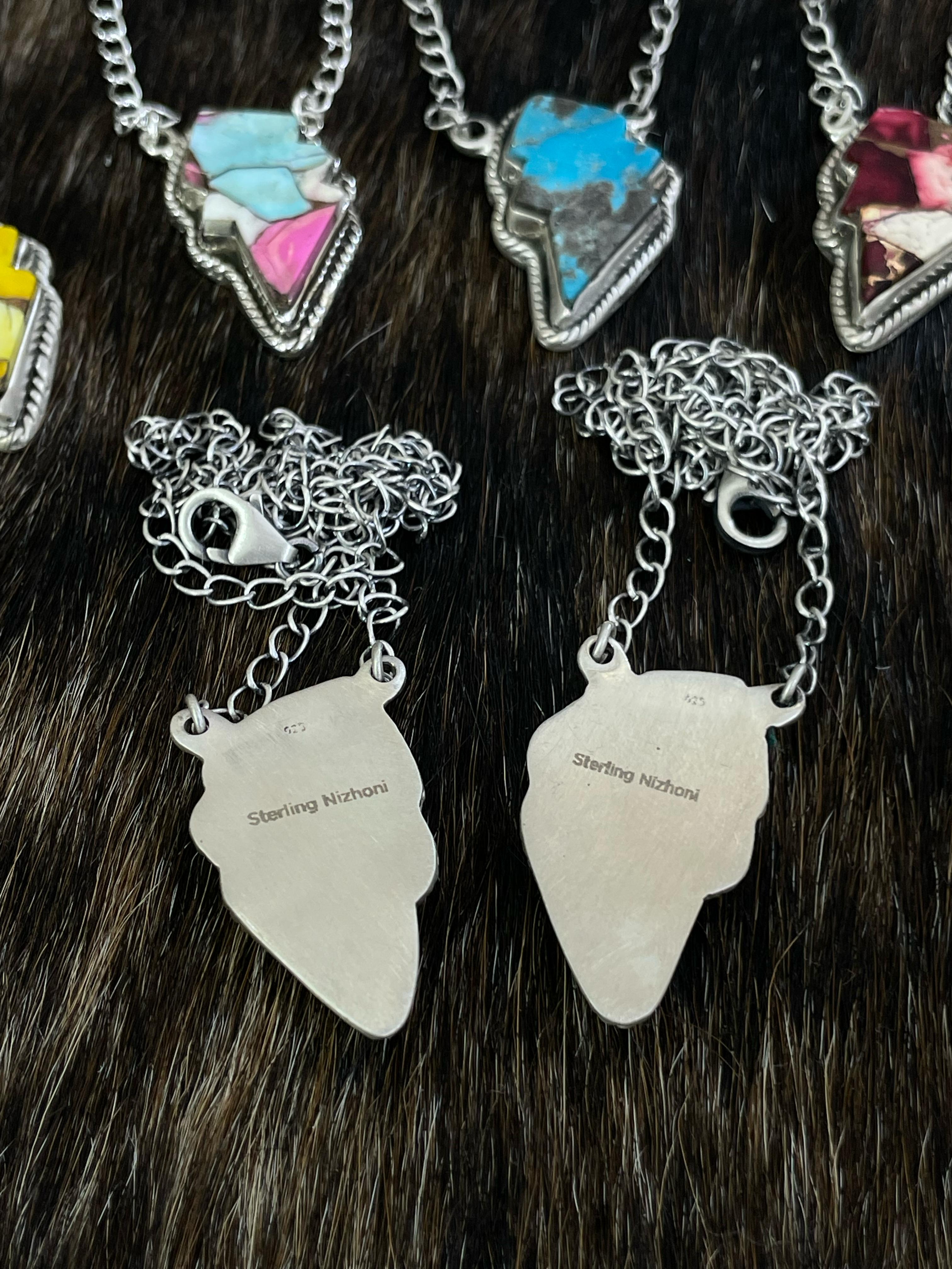 Handmade Sterling Silver Multi Gemstone Lightening Bolt Necklace with Signed Nizhoni