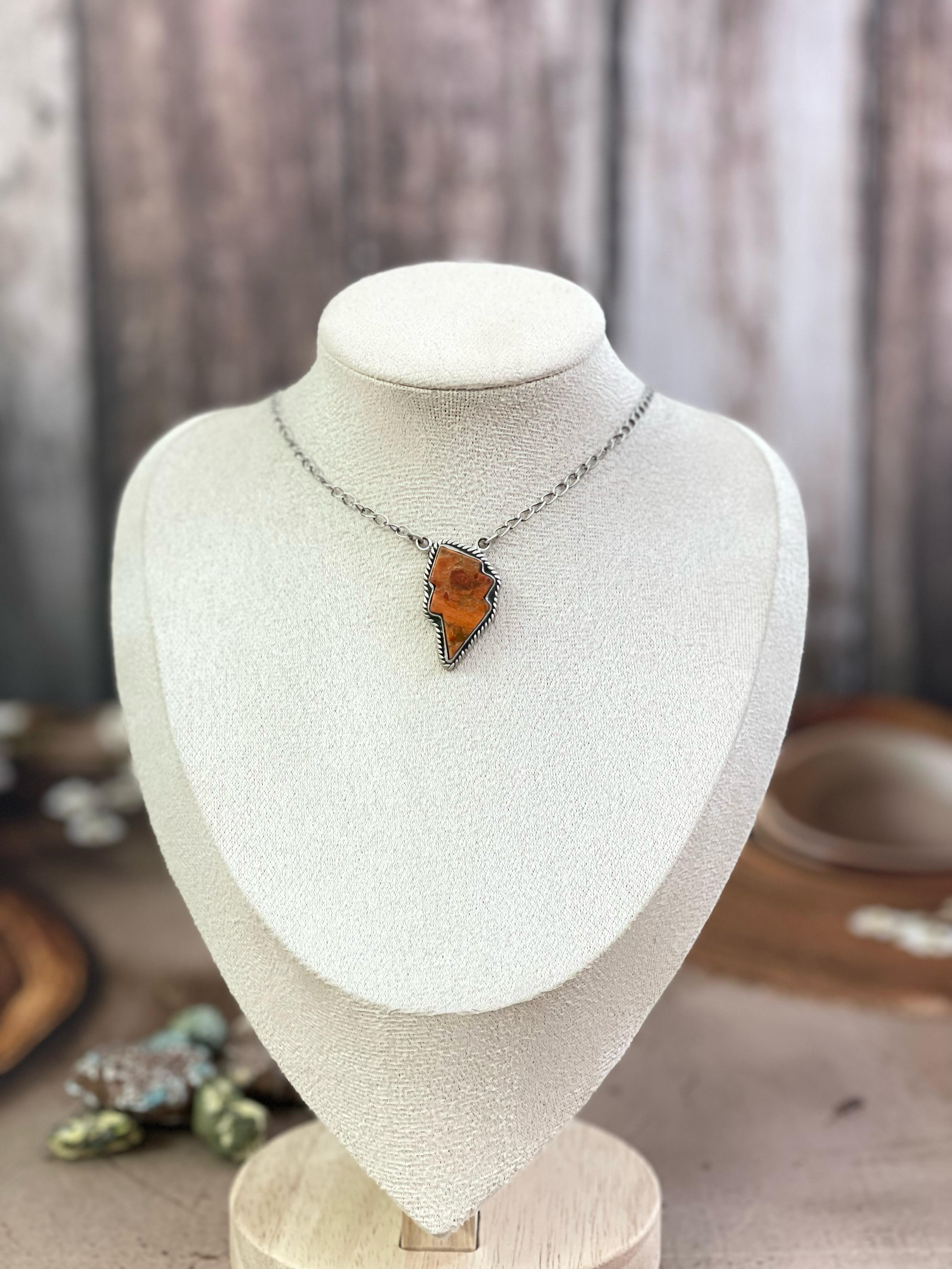 Handmade Sterling Silver Multi Gemstone Lightening Bolt Necklace with Signed Nizhoni