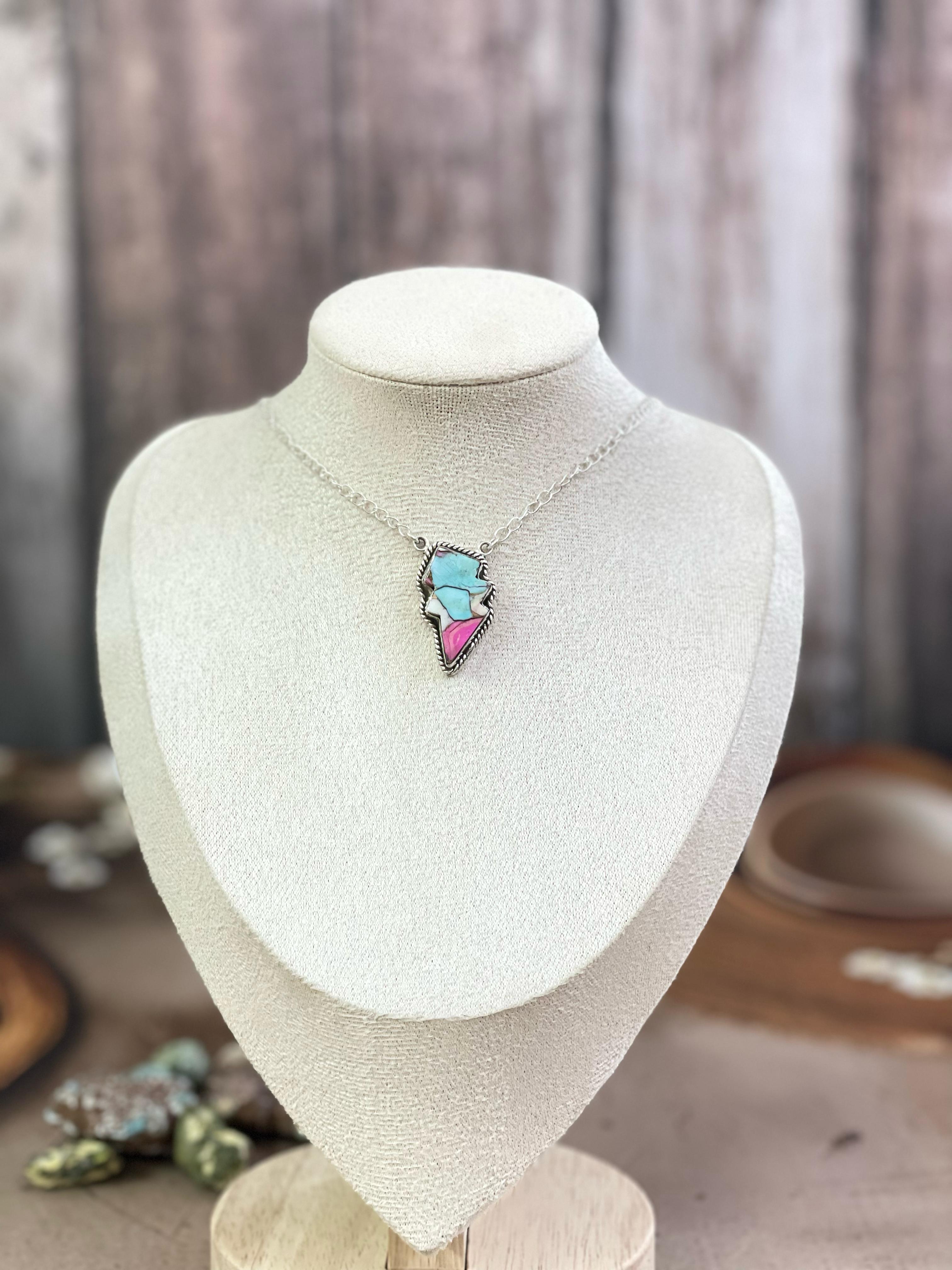 Handmade Sterling Silver Multi Gemstone Lightening Bolt Necklace with Signed Nizhoni