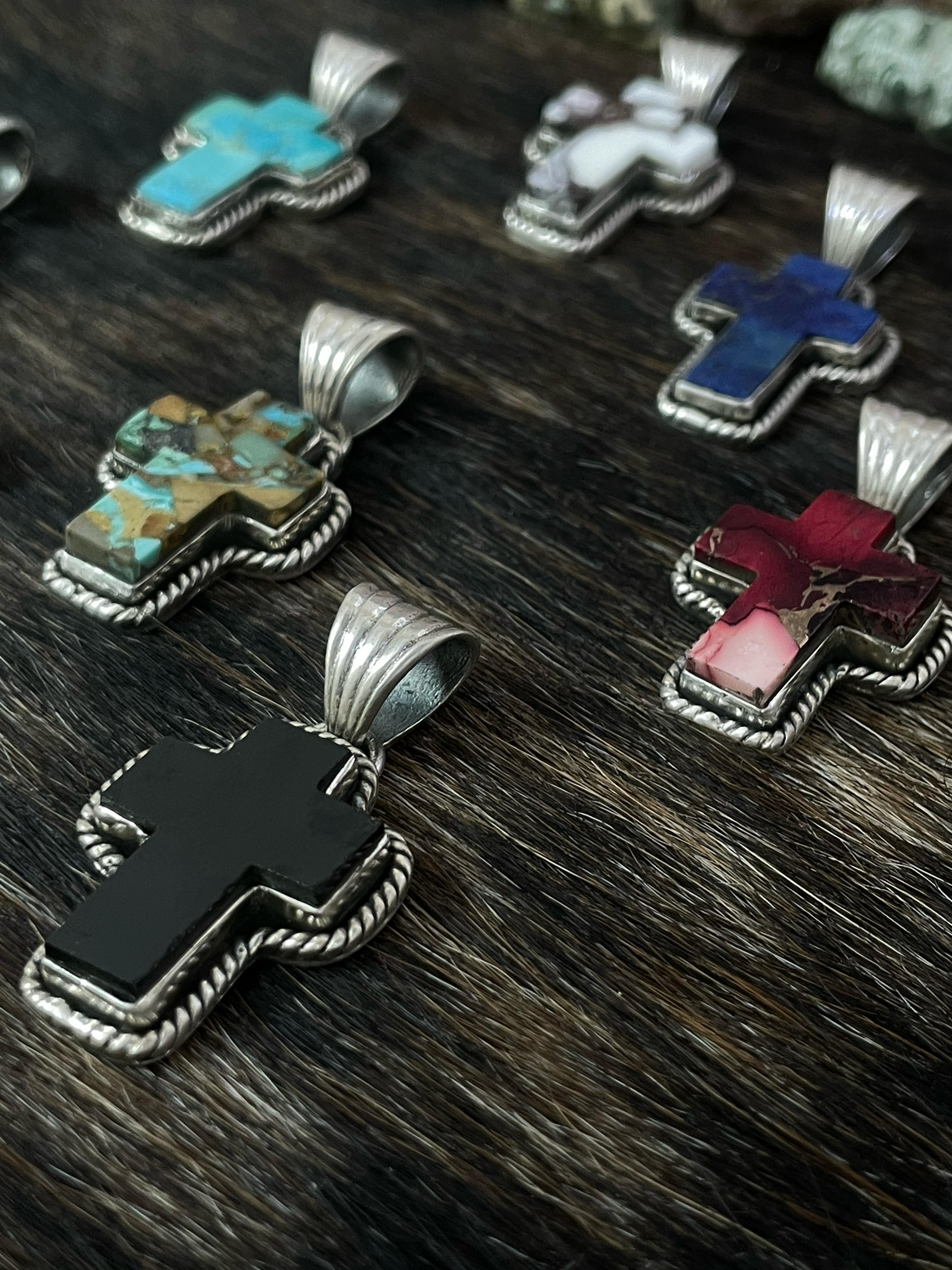 Handmade Sterling Silver Multi Gemstones Cross Pendant with Signed Nizhoni