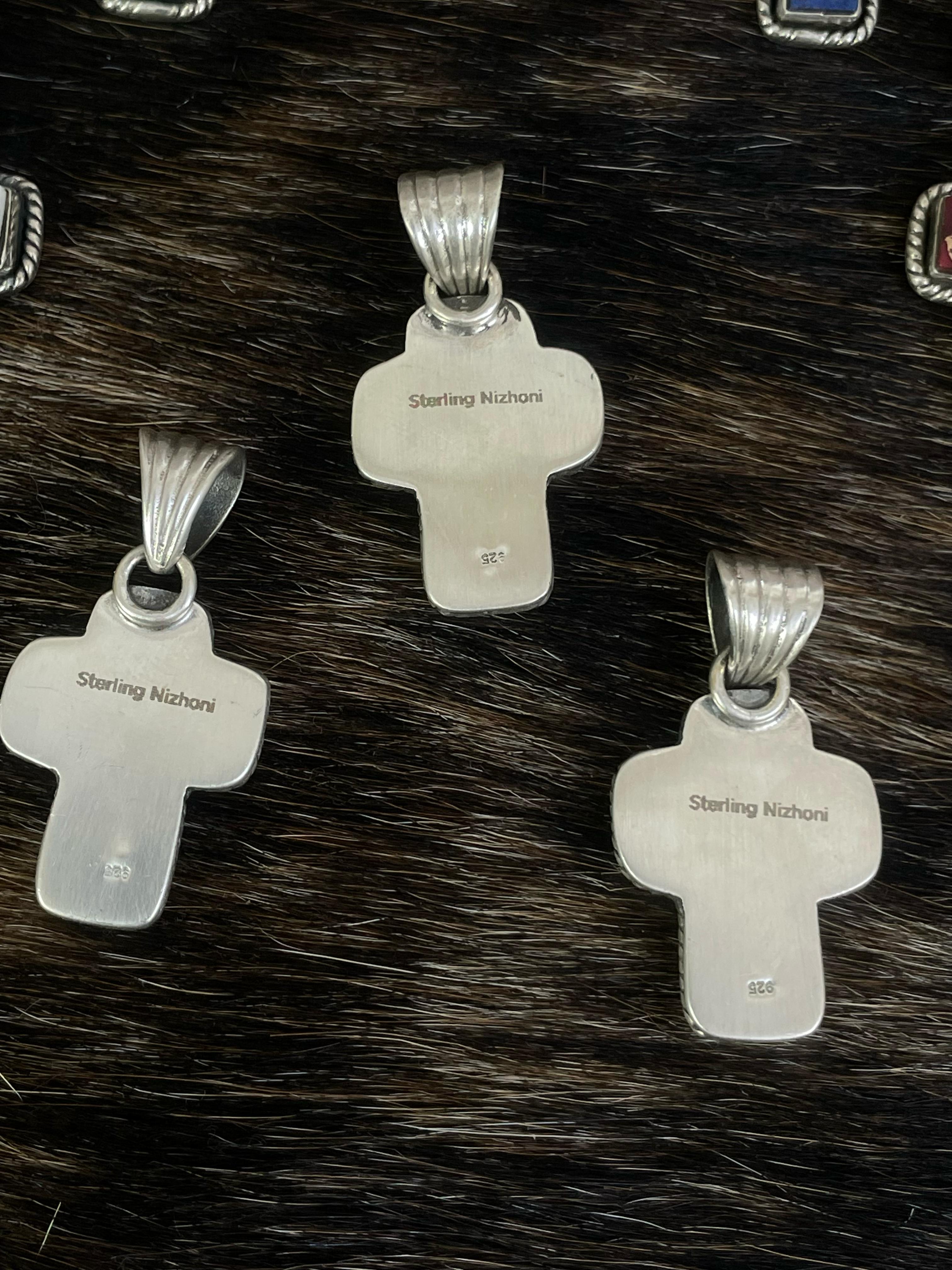 Handmade Sterling Silver Multi Gemstones Cross Pendant with Signed Nizhoni