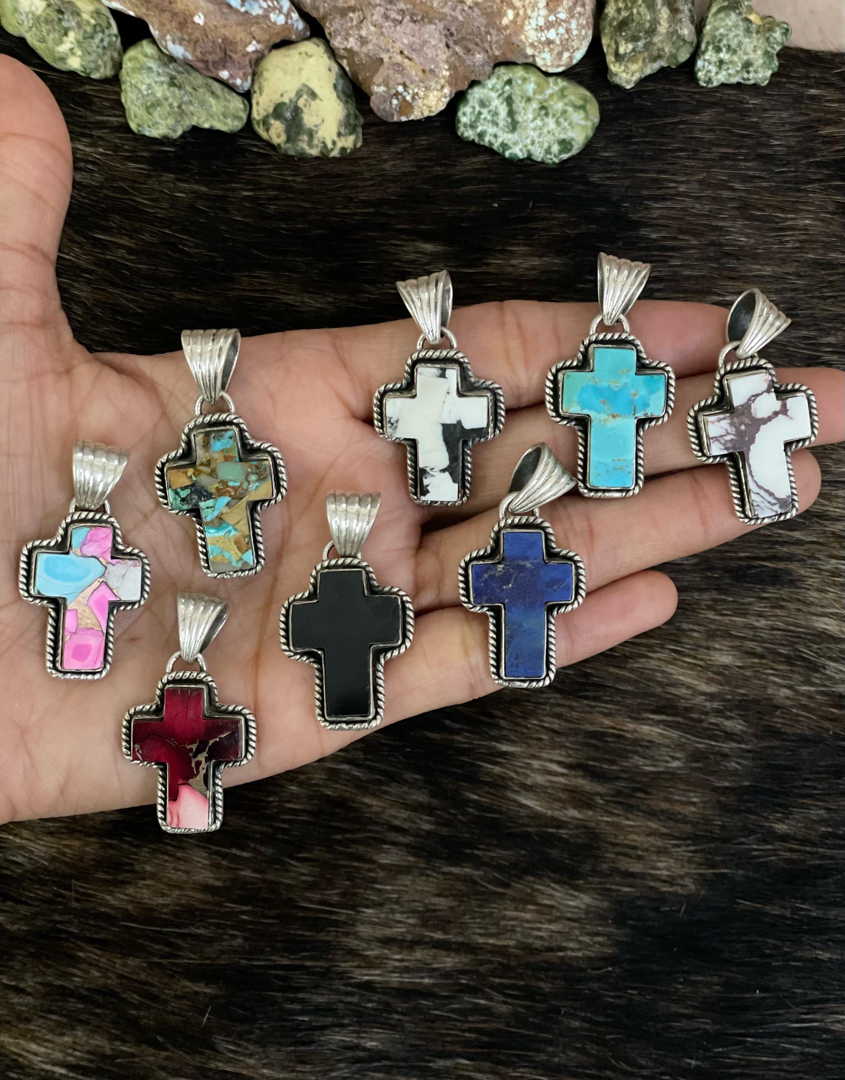 Handmade Sterling Silver Multi Gemstones Cross Pendant with Signed Nizhoni