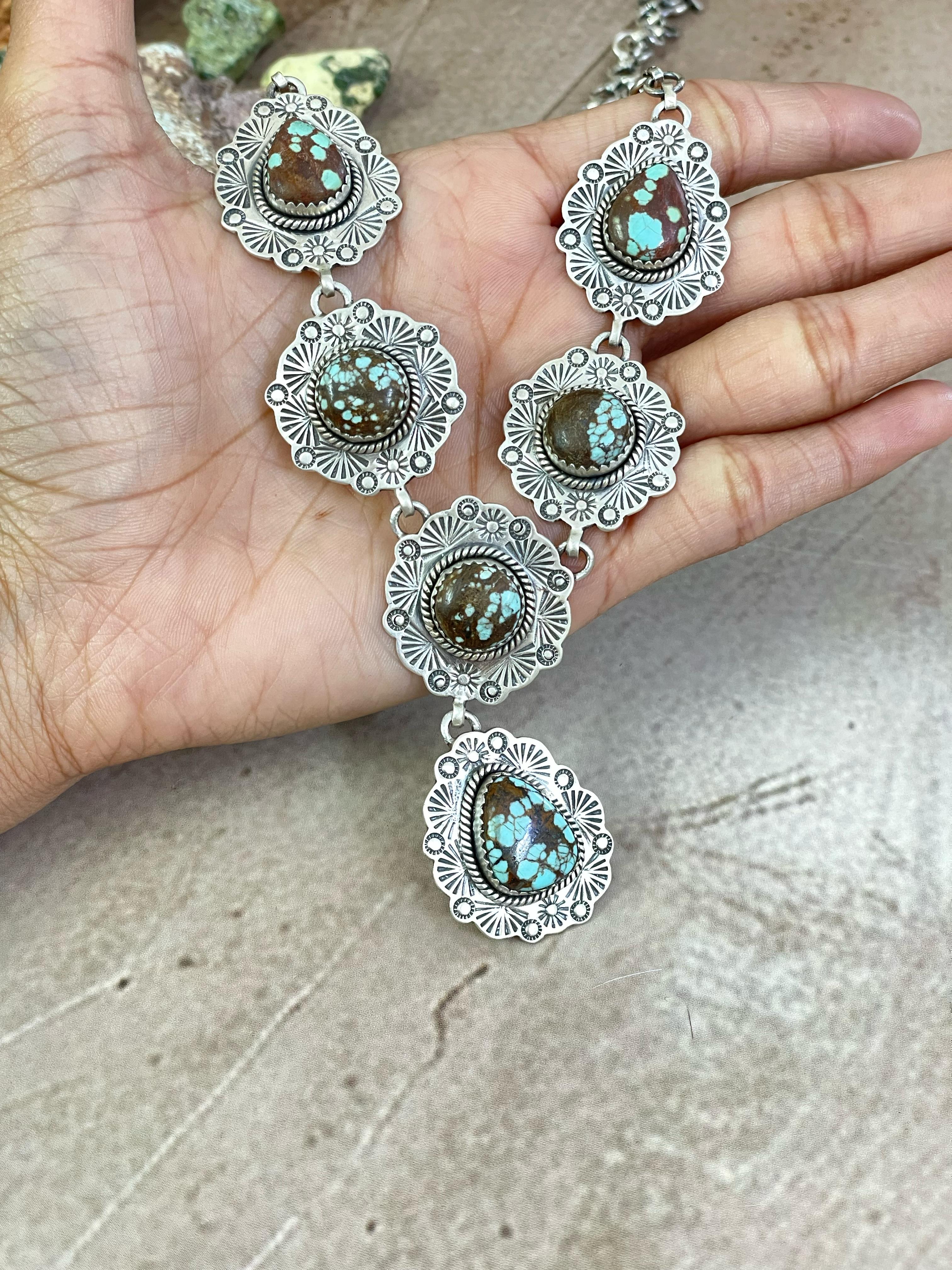 Handmade Sterling Silver Number 8 Turquoise Necklace with Signed Nizhoni