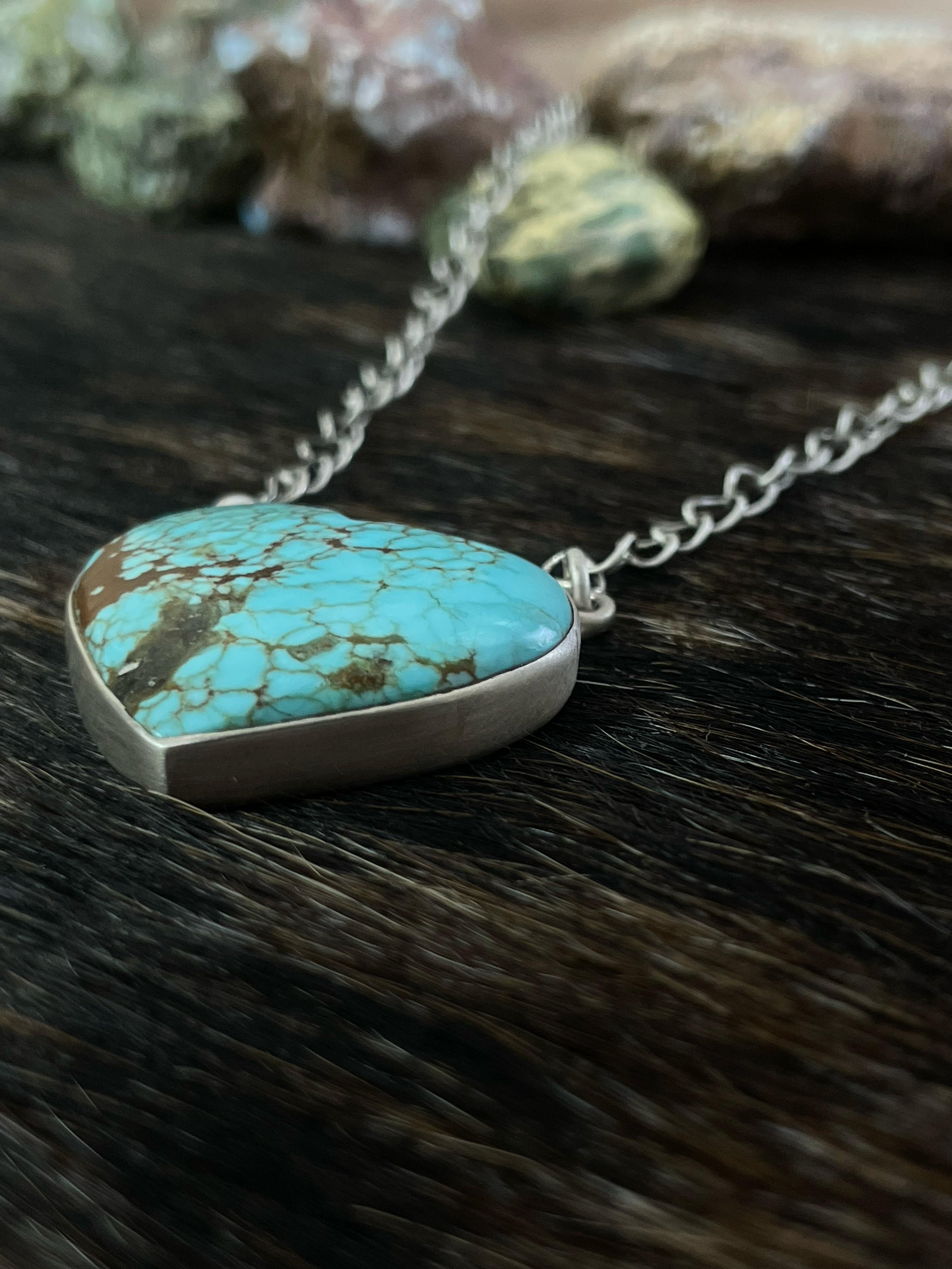 Handmade Sterling Silver Number 8 Turquoise Heart Necklace with Signed Nizhoni