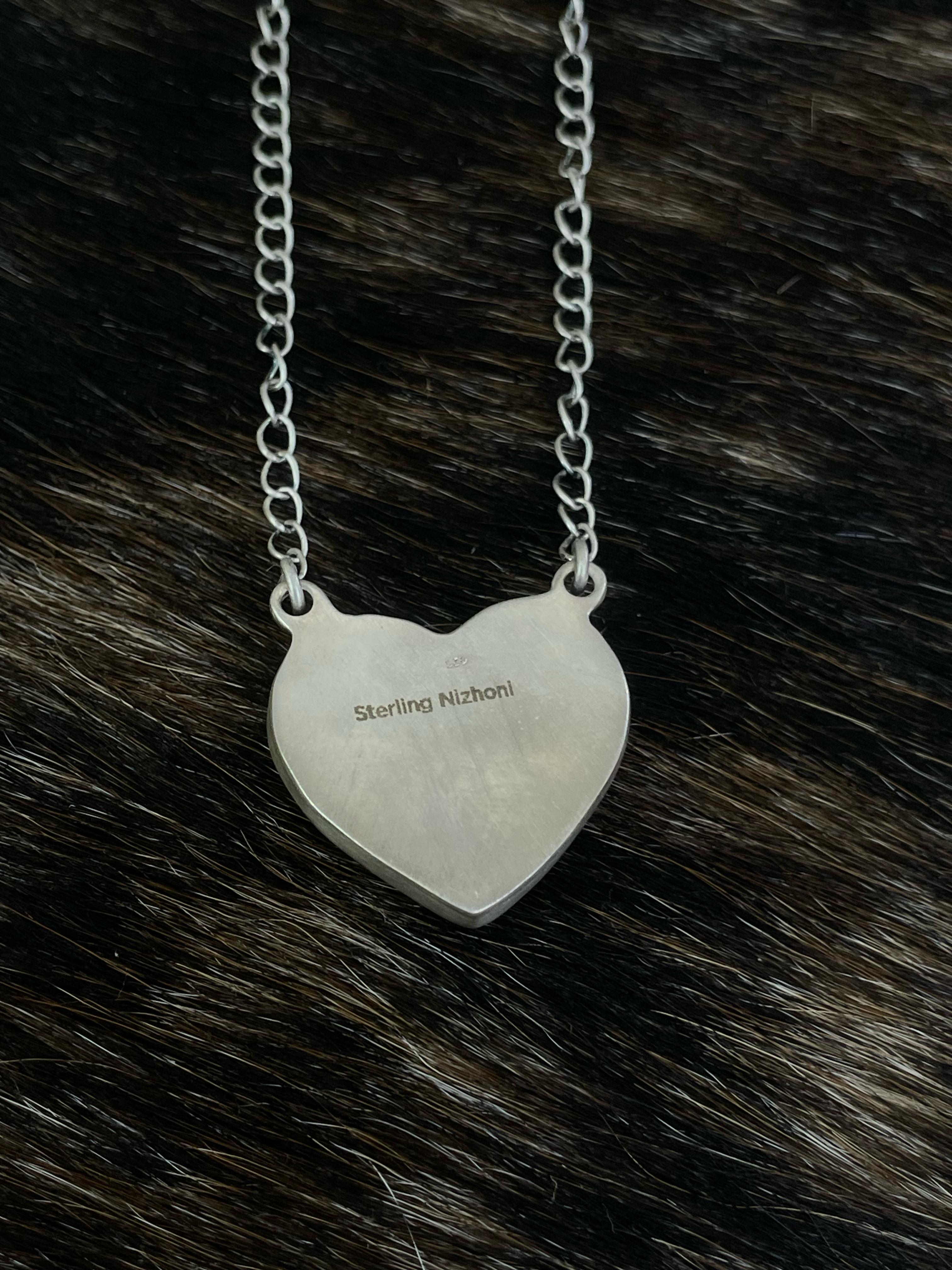 Handmade Sterling Silver Number 8 Turquoise Heart Necklace with Signed Nizhoni