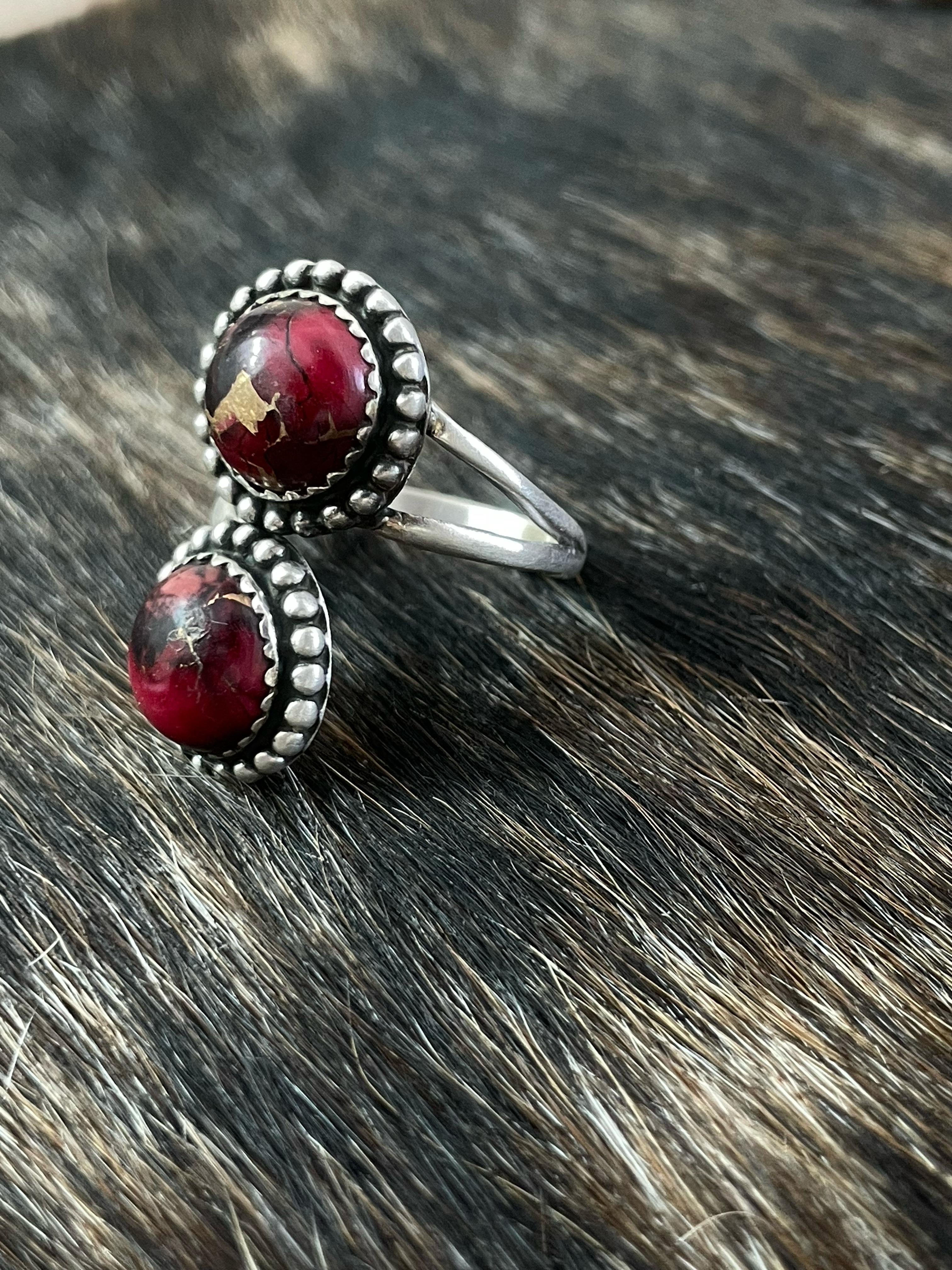 Handmade Sterling Silver Red Rose Dahlia Adjustable Ring, Signed Nizhoni