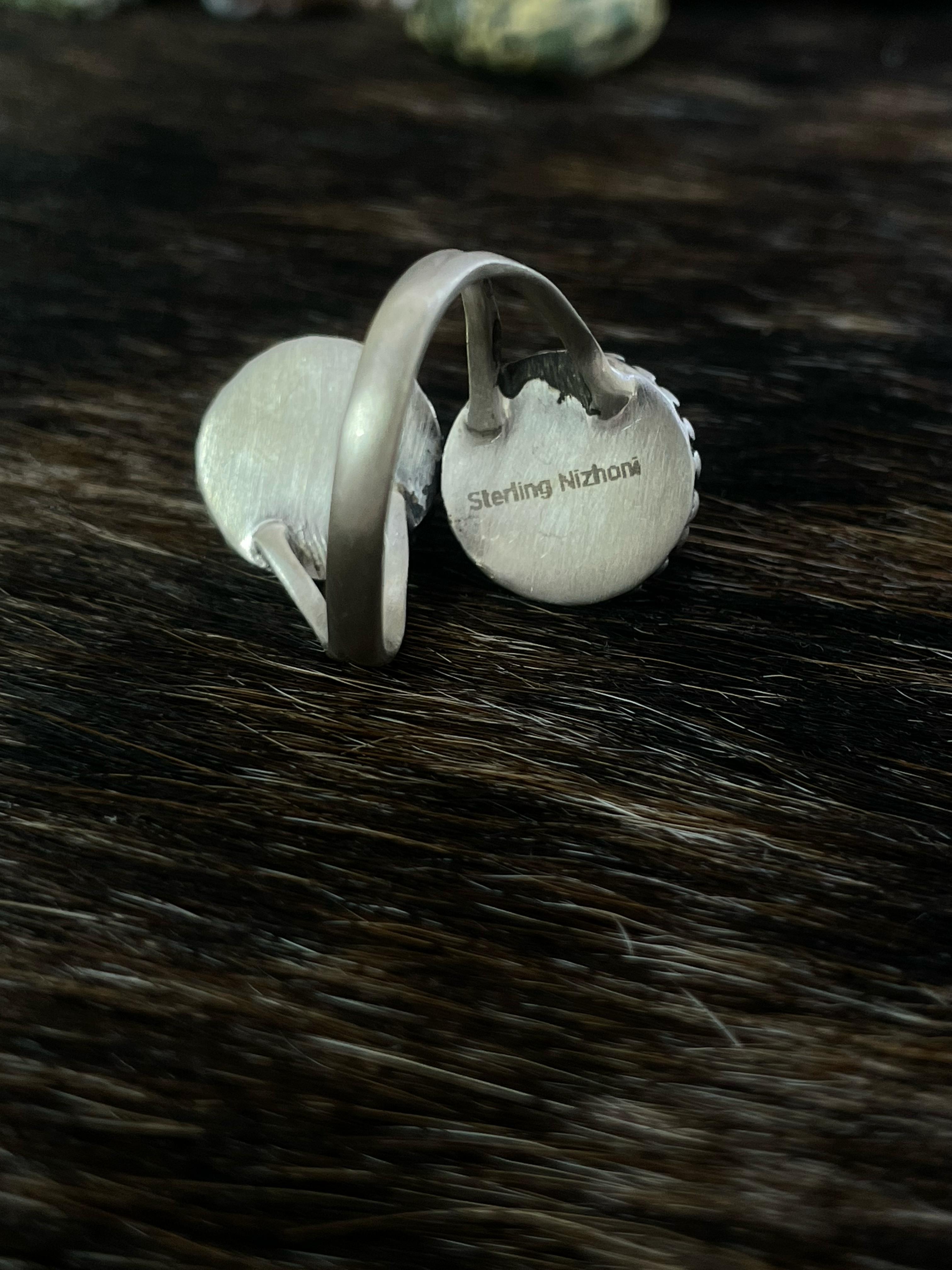 Handmade Sterling Silver Red Rose Dahlia Adjustable Ring, Signed Nizhoni