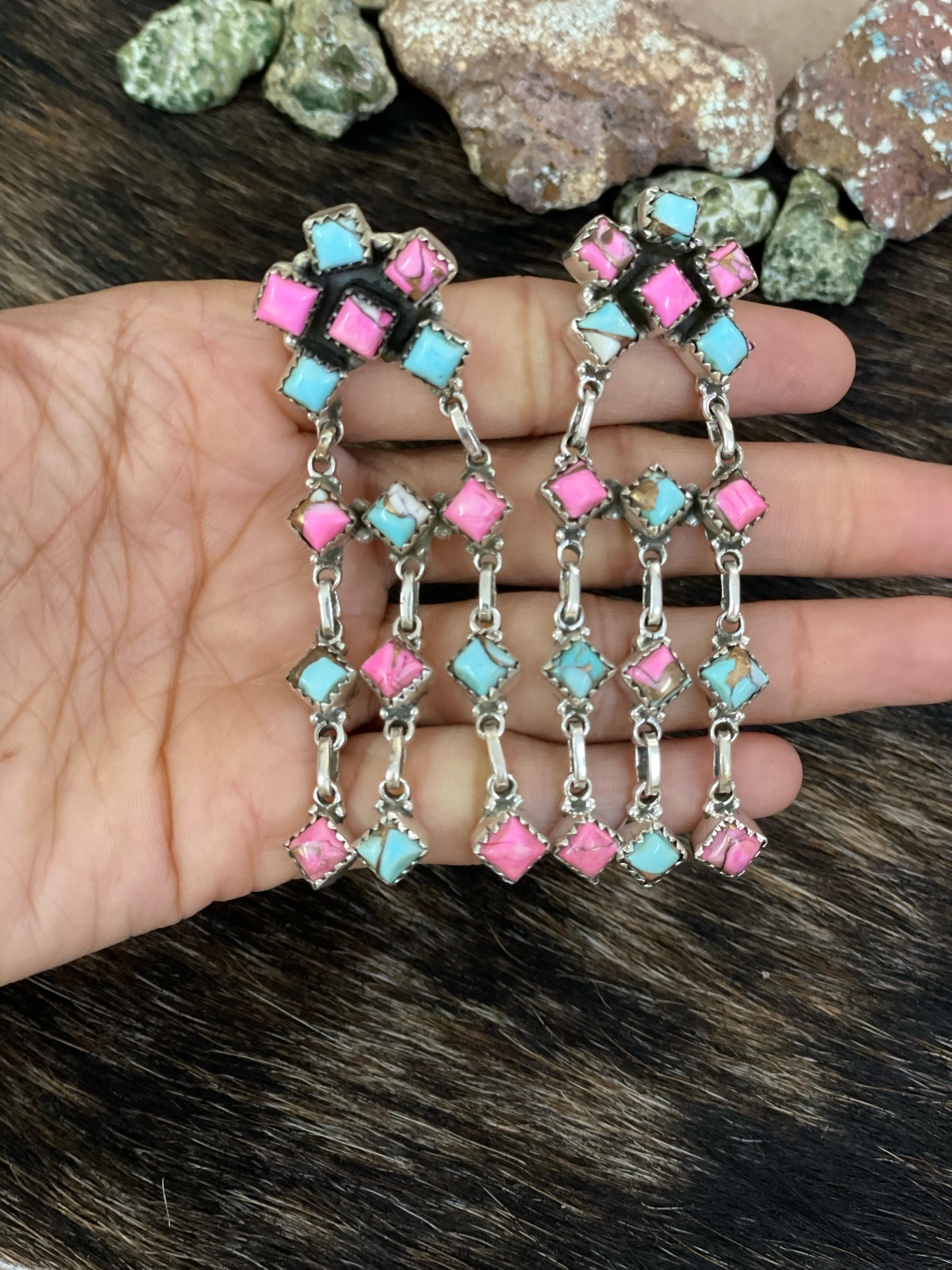 Handmade Sterling Silver Cotton Candy, White Buffalo Post Earrings with Signed Nizhoni