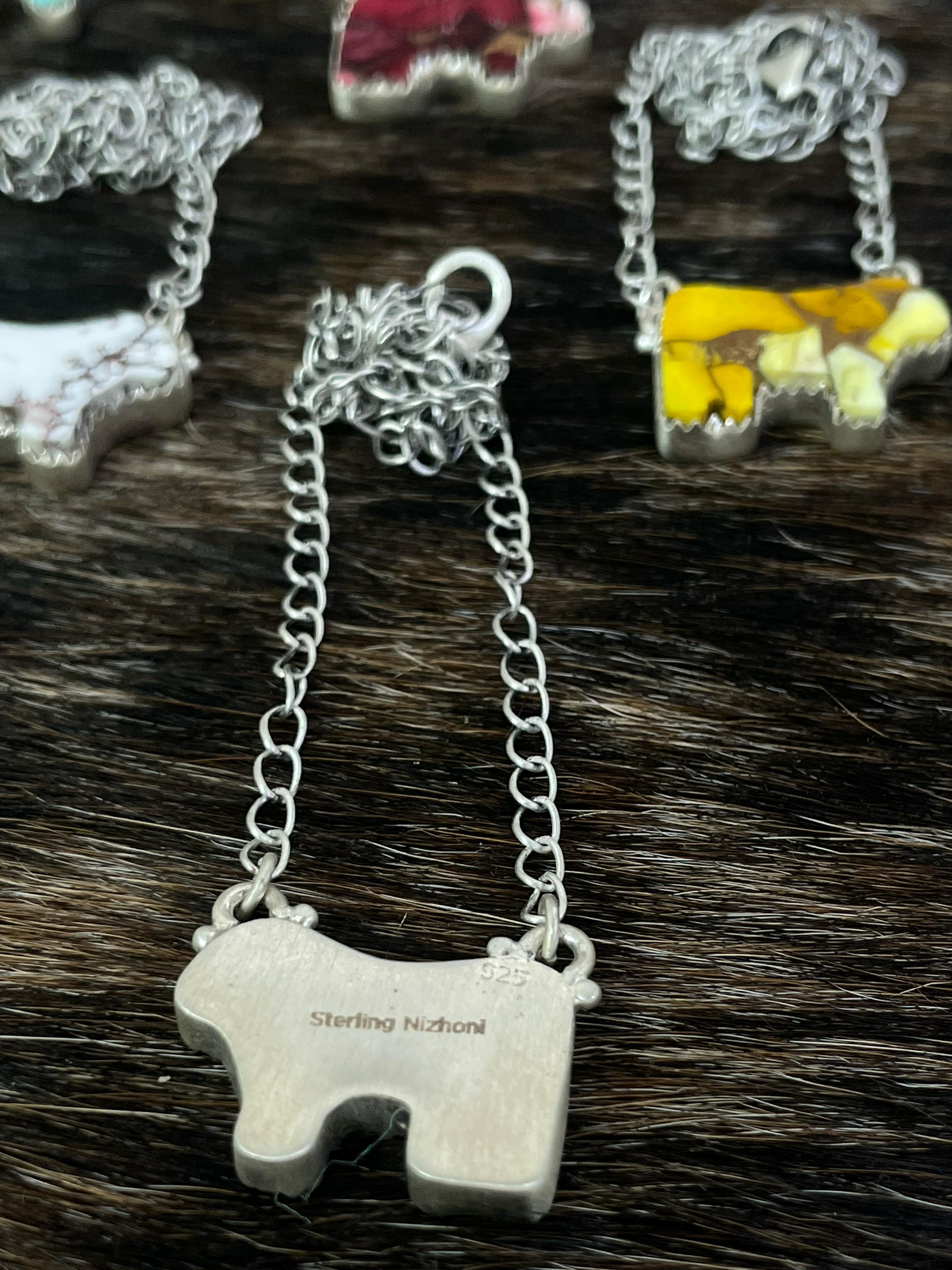 Handmade Sterling Silver Multi Gemstone Bull Necklace with Signed Nizhoni