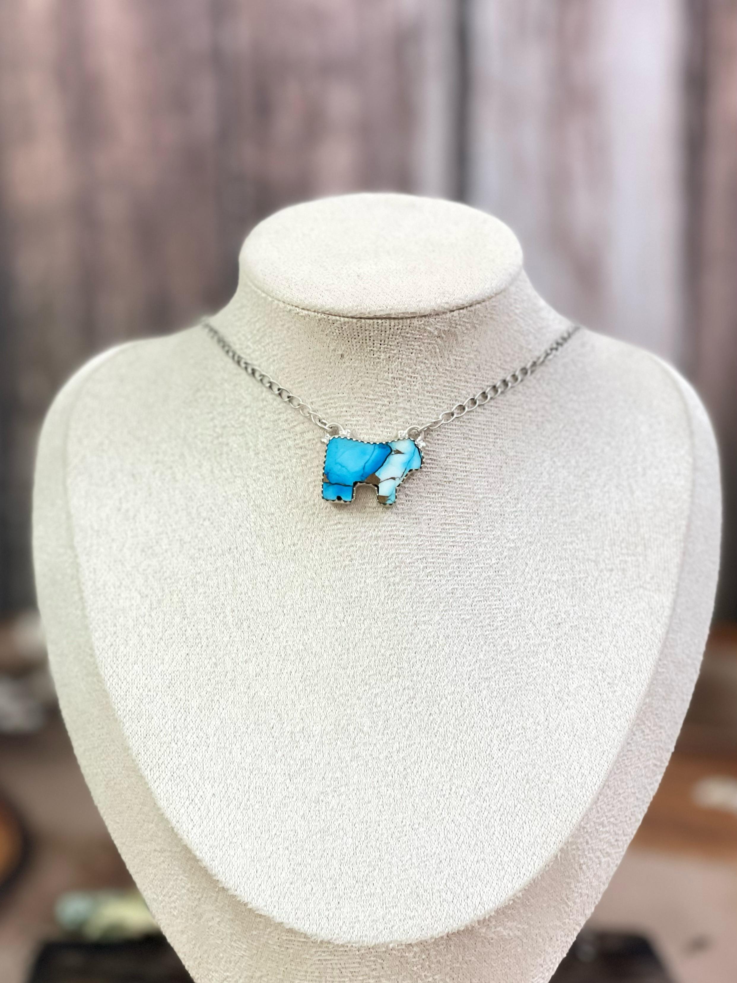 Handmade Sterling Silver Multi Gemstone Bull Necklace with Signed Nizhoni