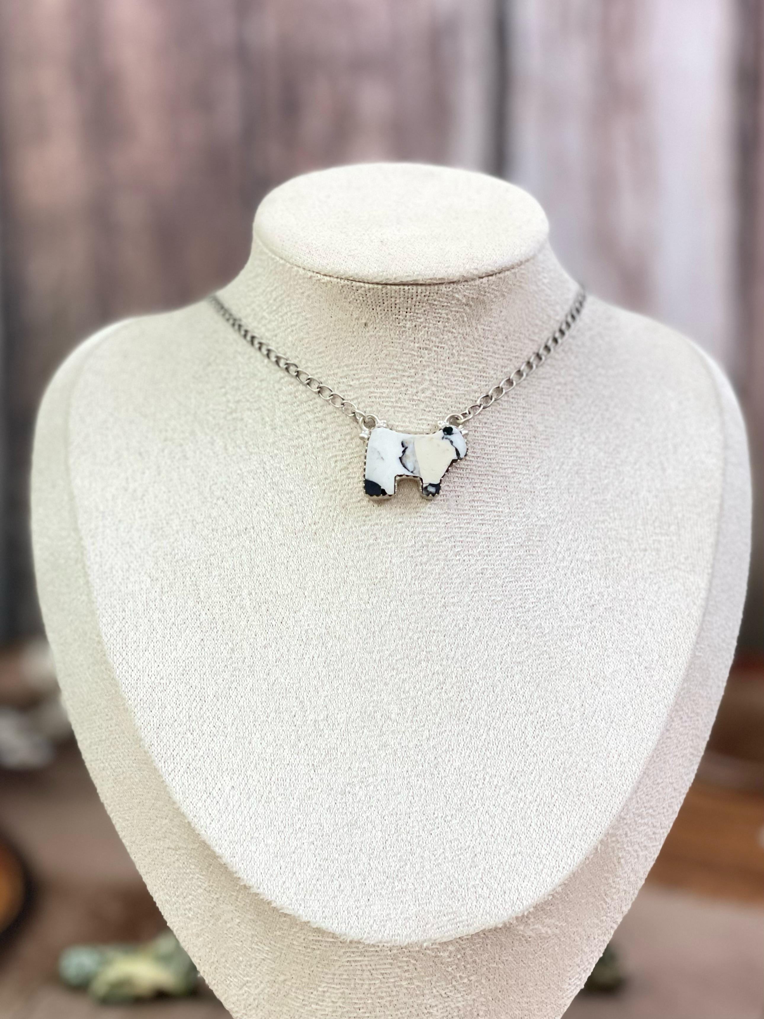 Handmade Sterling Silver Multi Gemstone Bull Necklace with Signed Nizhoni