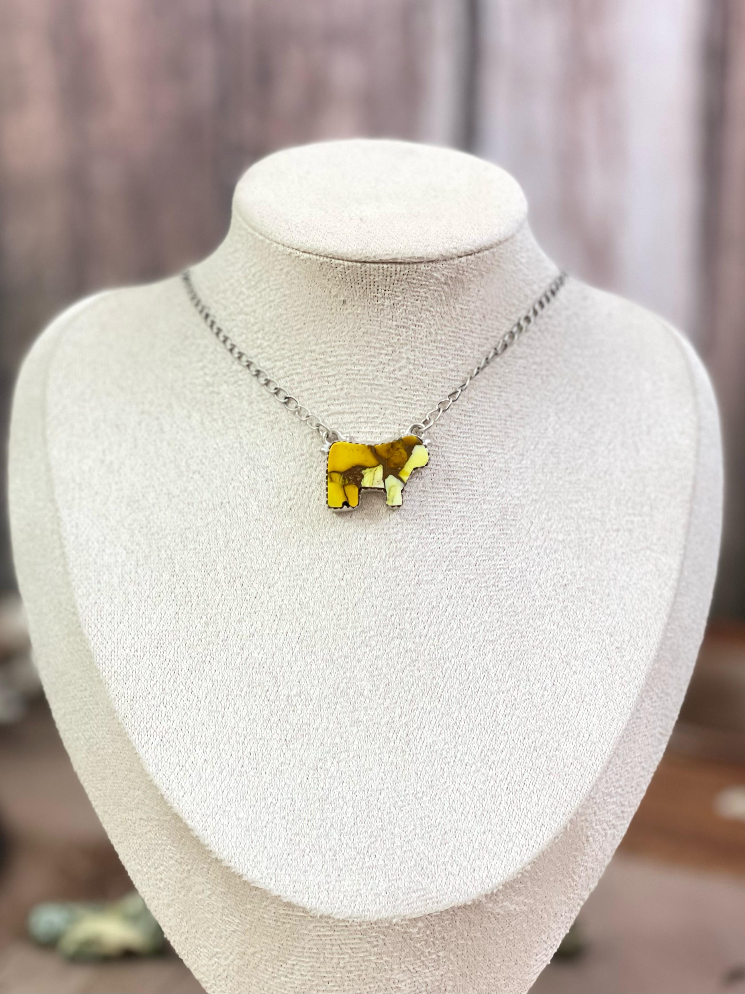 Handmade Sterling Silver Multi Gemstone Bull Necklace with Signed Nizhoni