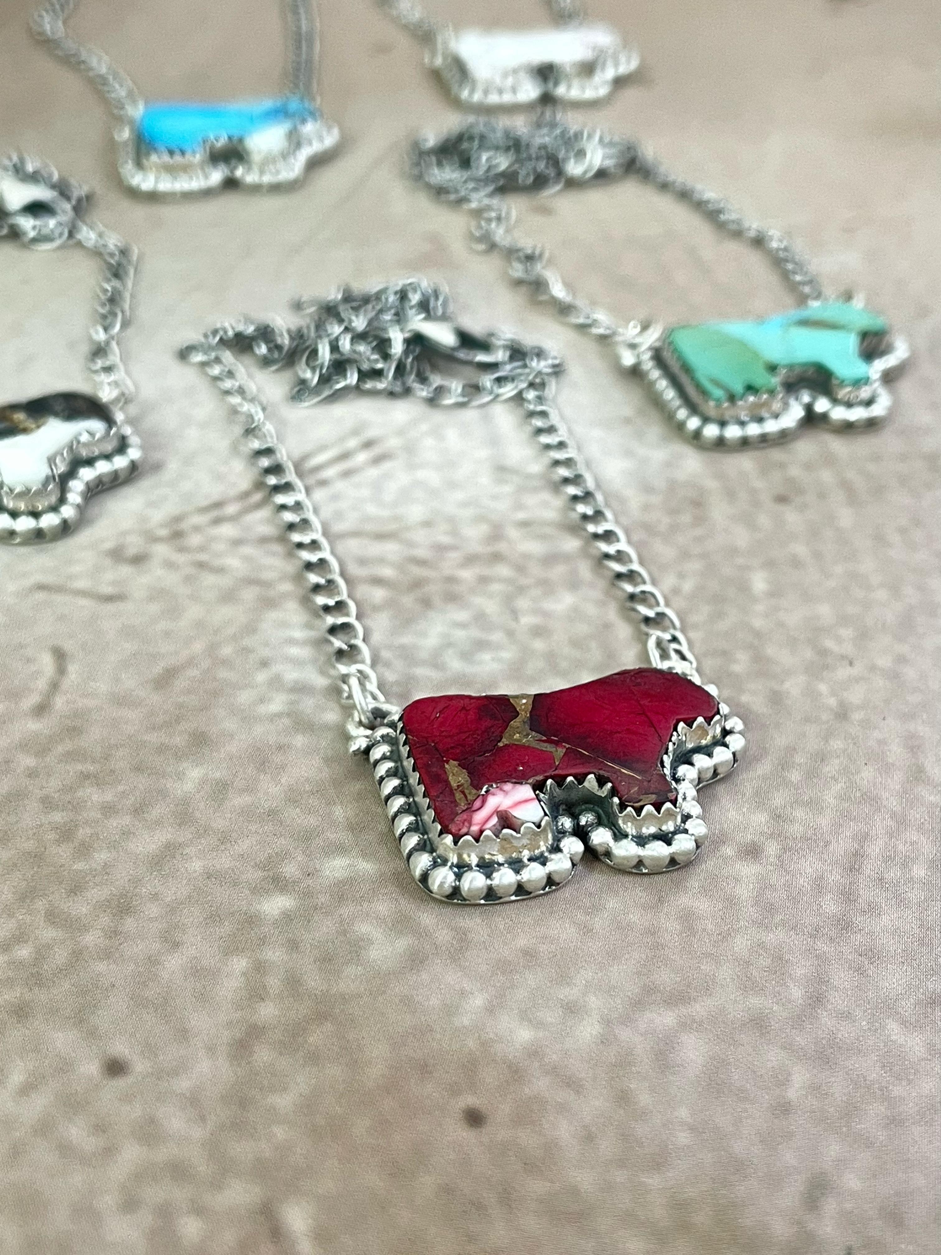 Handmade Sterling Silver Multi Gemstone Bull Necklace with Signed Nizhoni