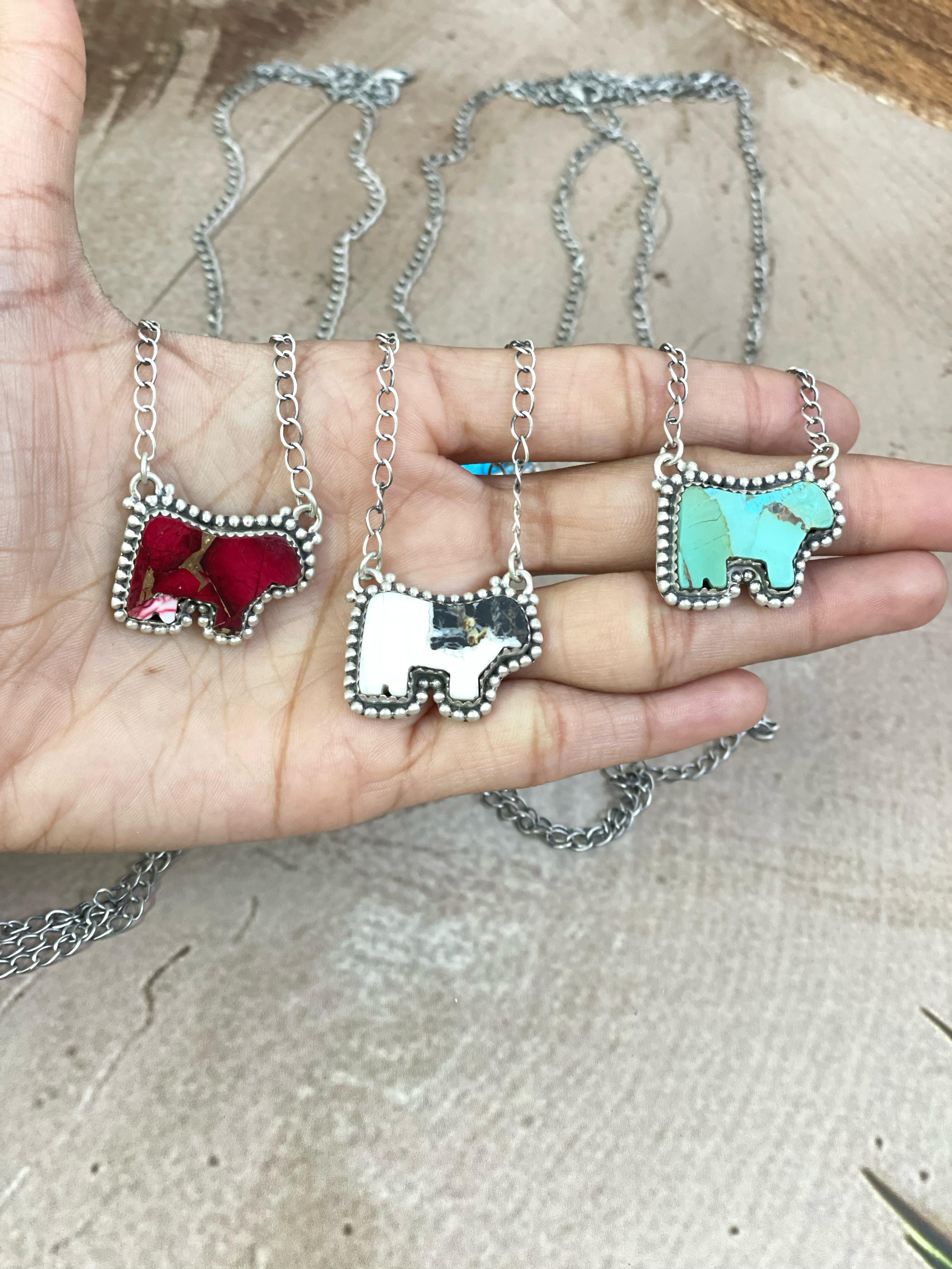 Handmade Sterling Silver Multi Gemstone Bull Necklace with Signed Nizhoni