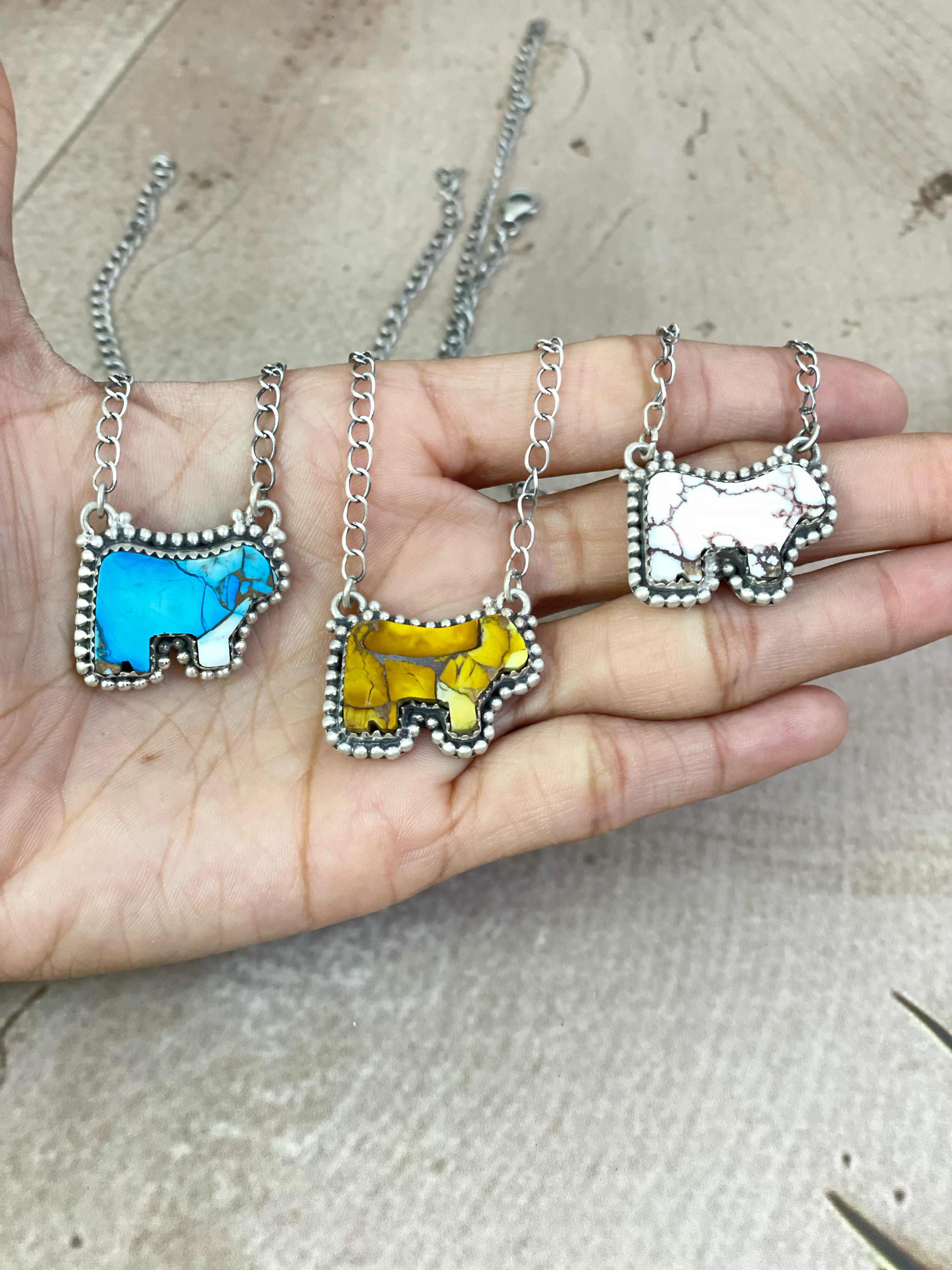 Handmade Sterling Silver Multi Gemstone Bull Necklace with Signed Nizhoni