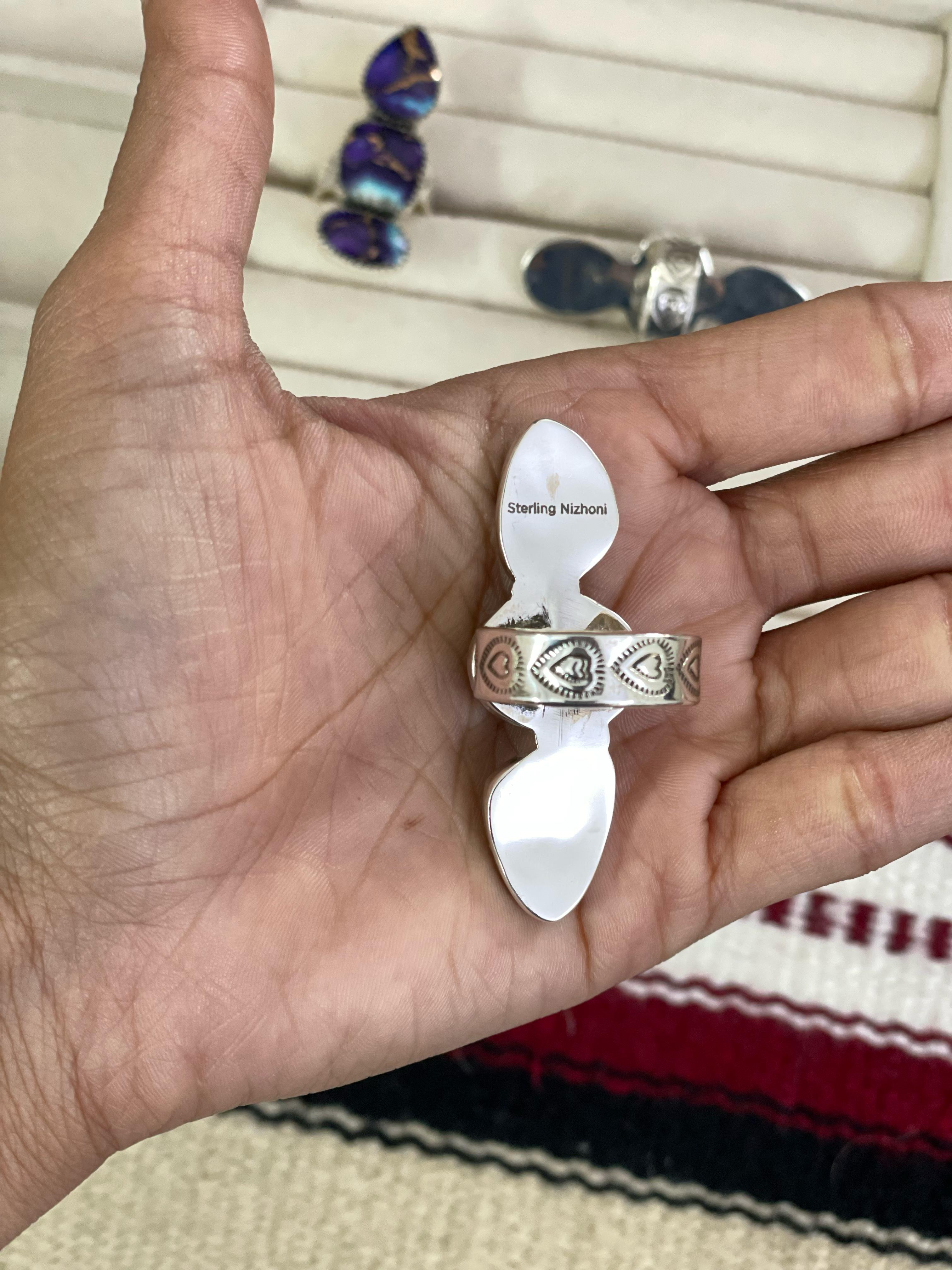 Handmade Sterling Silver Grape Dahlia Adjustable Ring with Signed Nizhoni