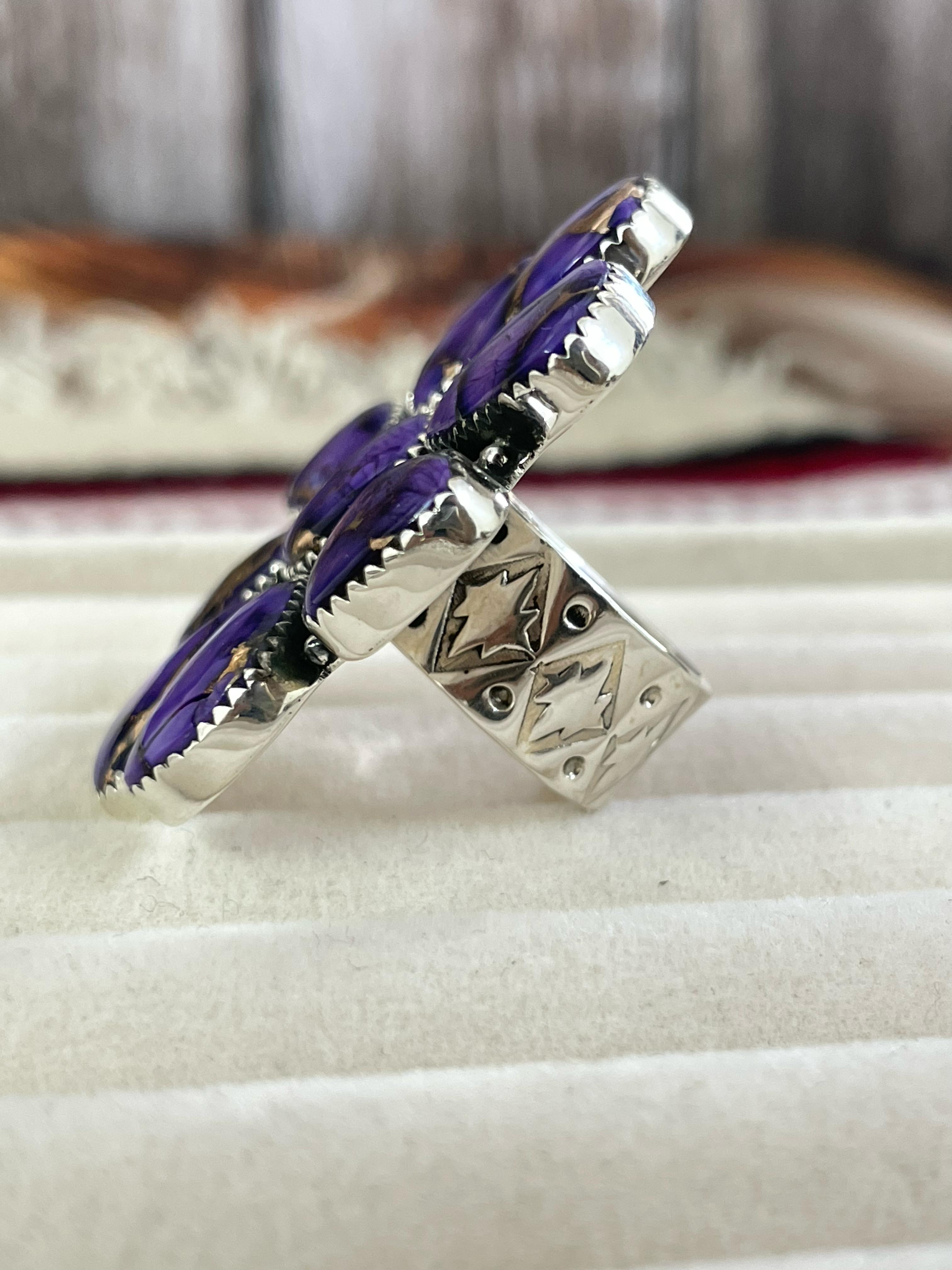 Handmade Sterling Silver Grape Dahlia Adjustable Ring, Signed Nizhoni