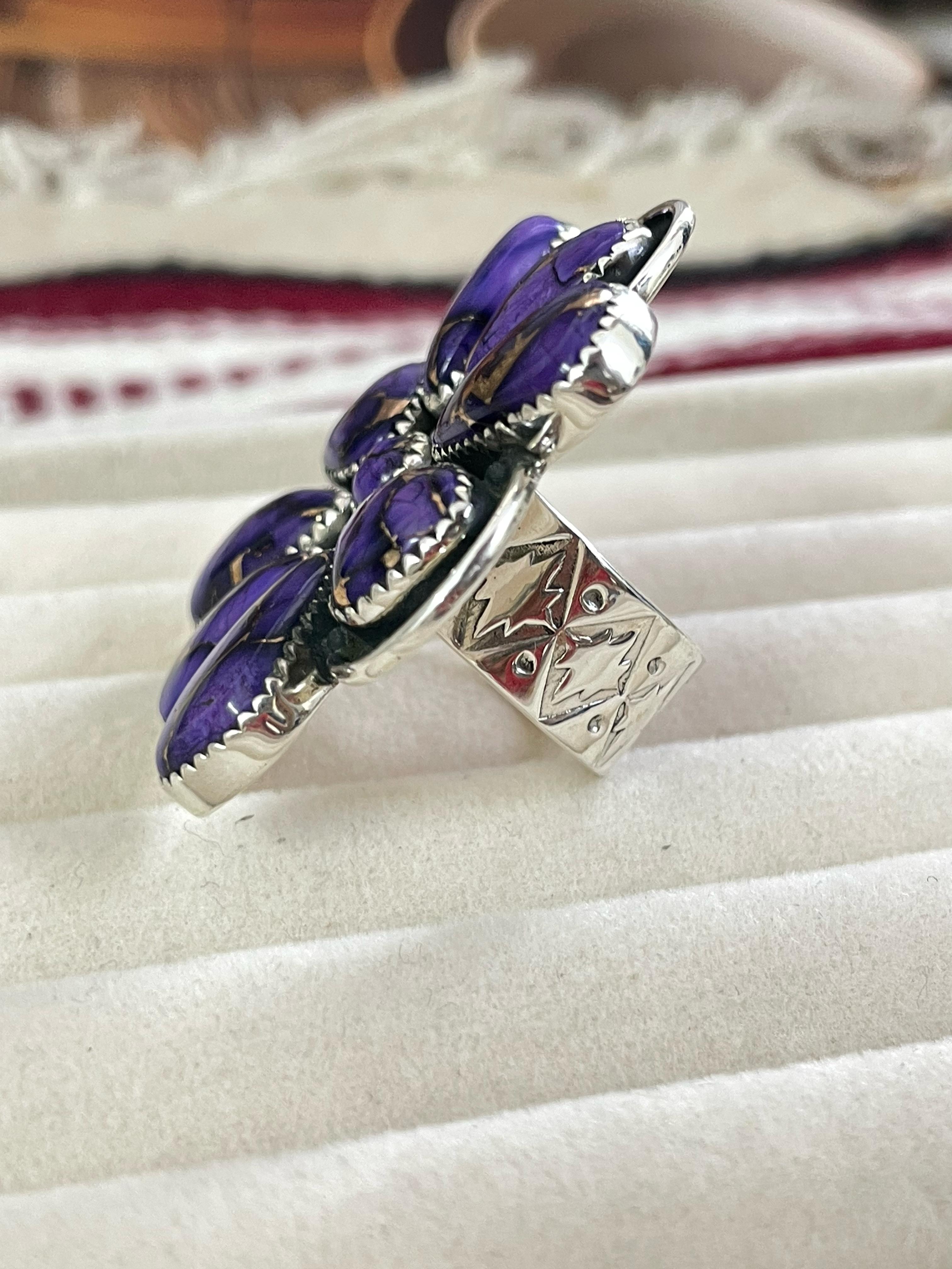 Handmade Sterling Silver Grape Dahlia Adjustable Ring with Signed Nizhoni