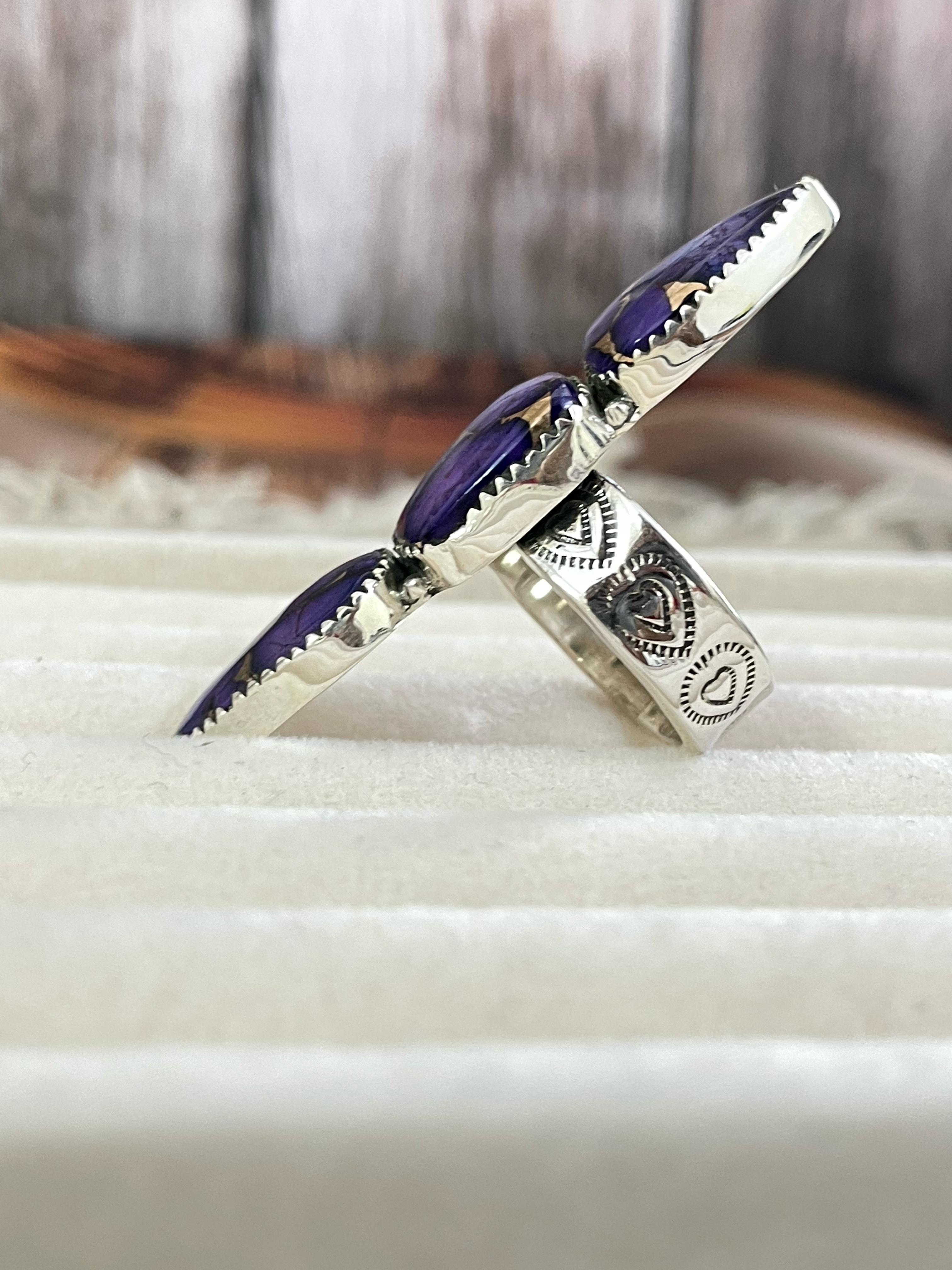 Handmade Sterling Silver Grape Dahlia Adjustable Ring, Signed Nizhoni