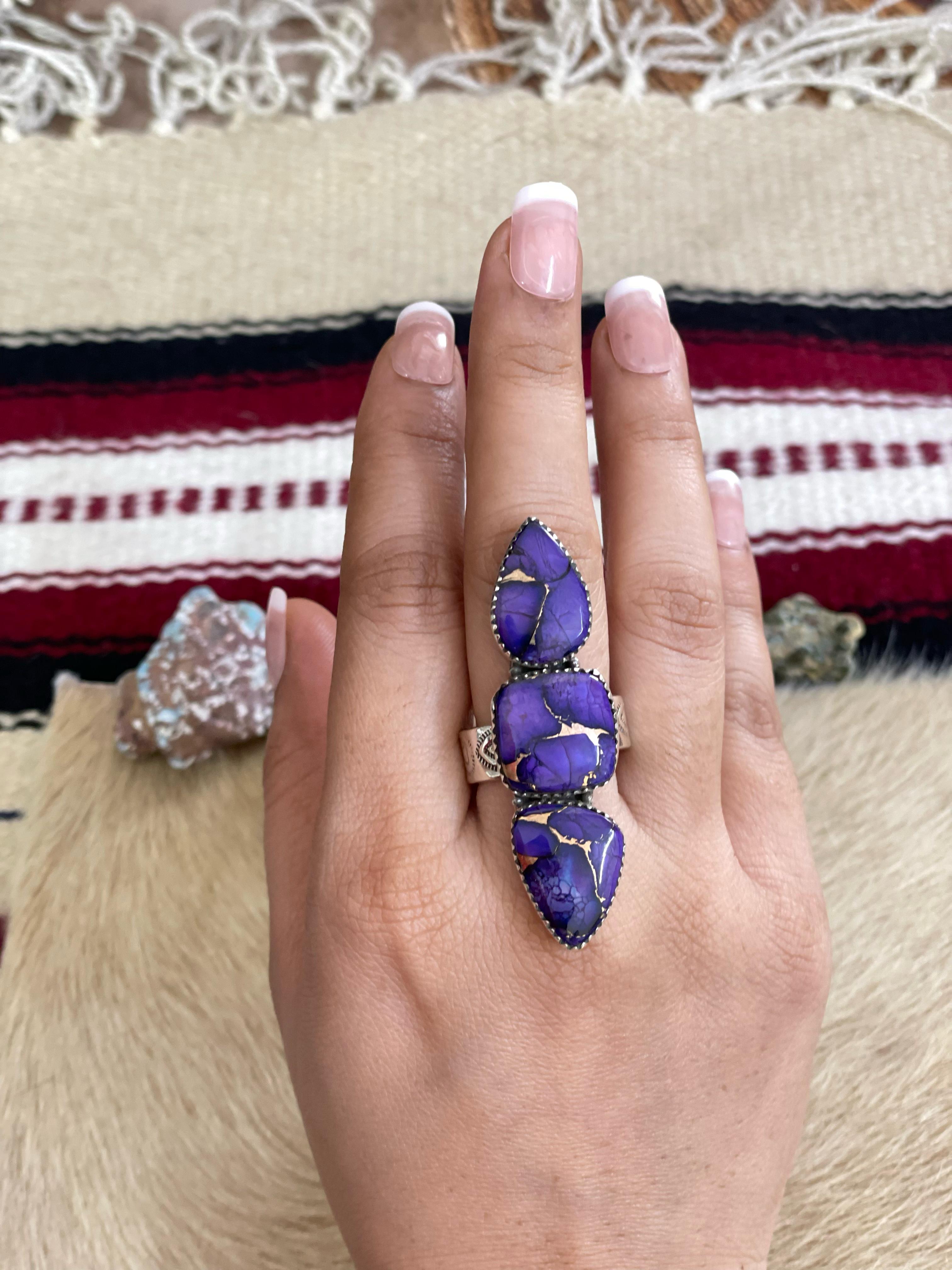 Handmade Sterling Silver Grape Dahlia Adjustable Ring, Signed Nizhoni