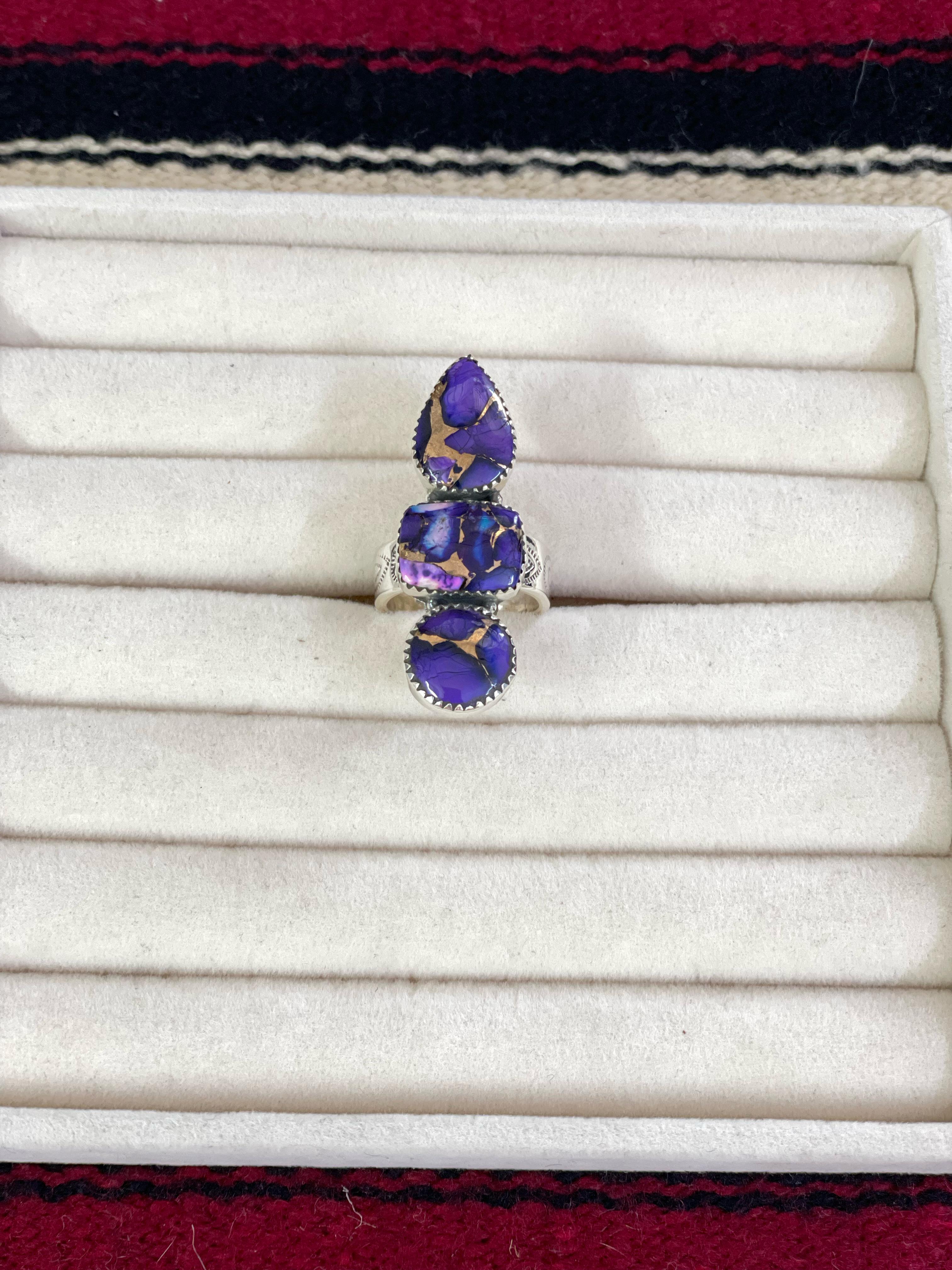 Handmade Sterling Silver Grape Dahlia Adjustable Ring with Signed Nizhoni