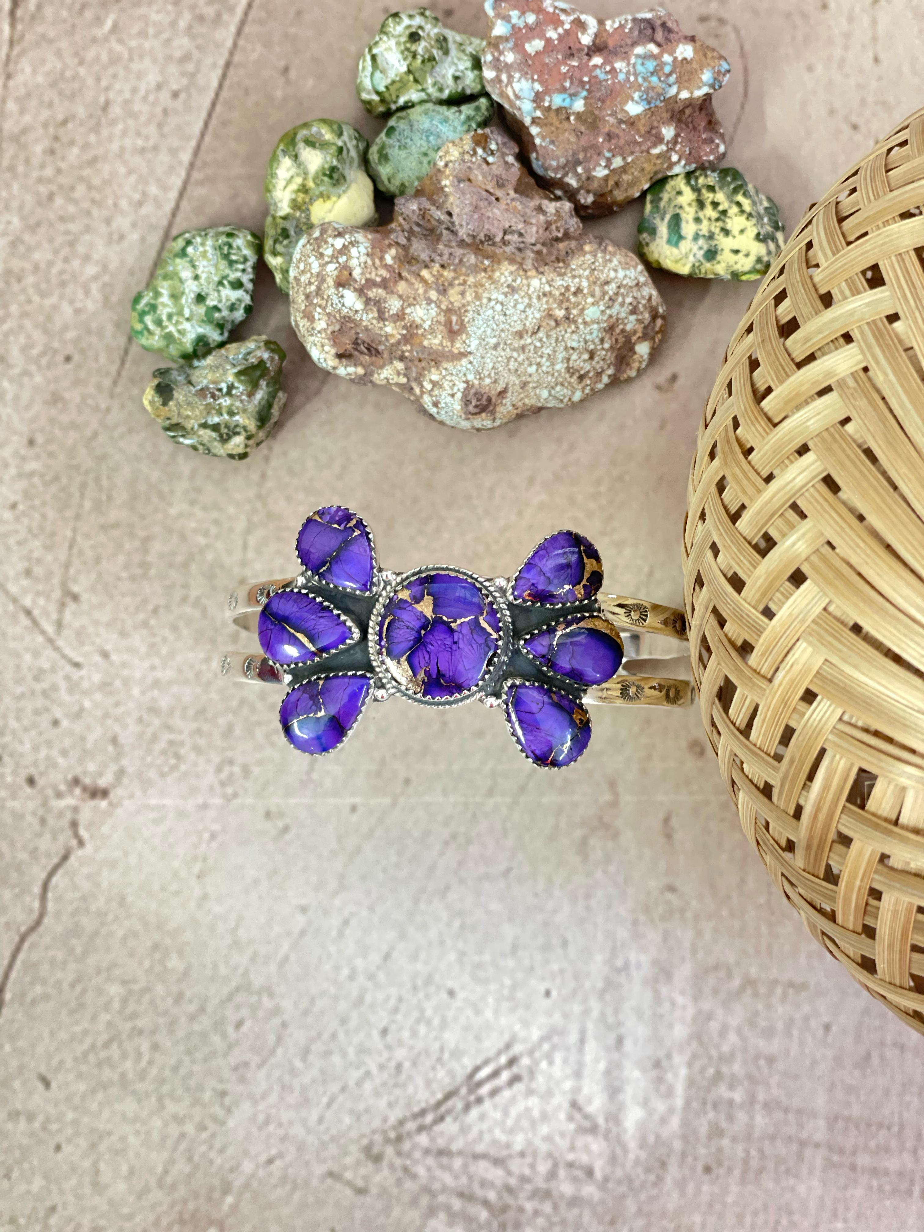 Handmade Sterling Silver Grape Dahlia Cuff Bracelet with Signed Nizhoni