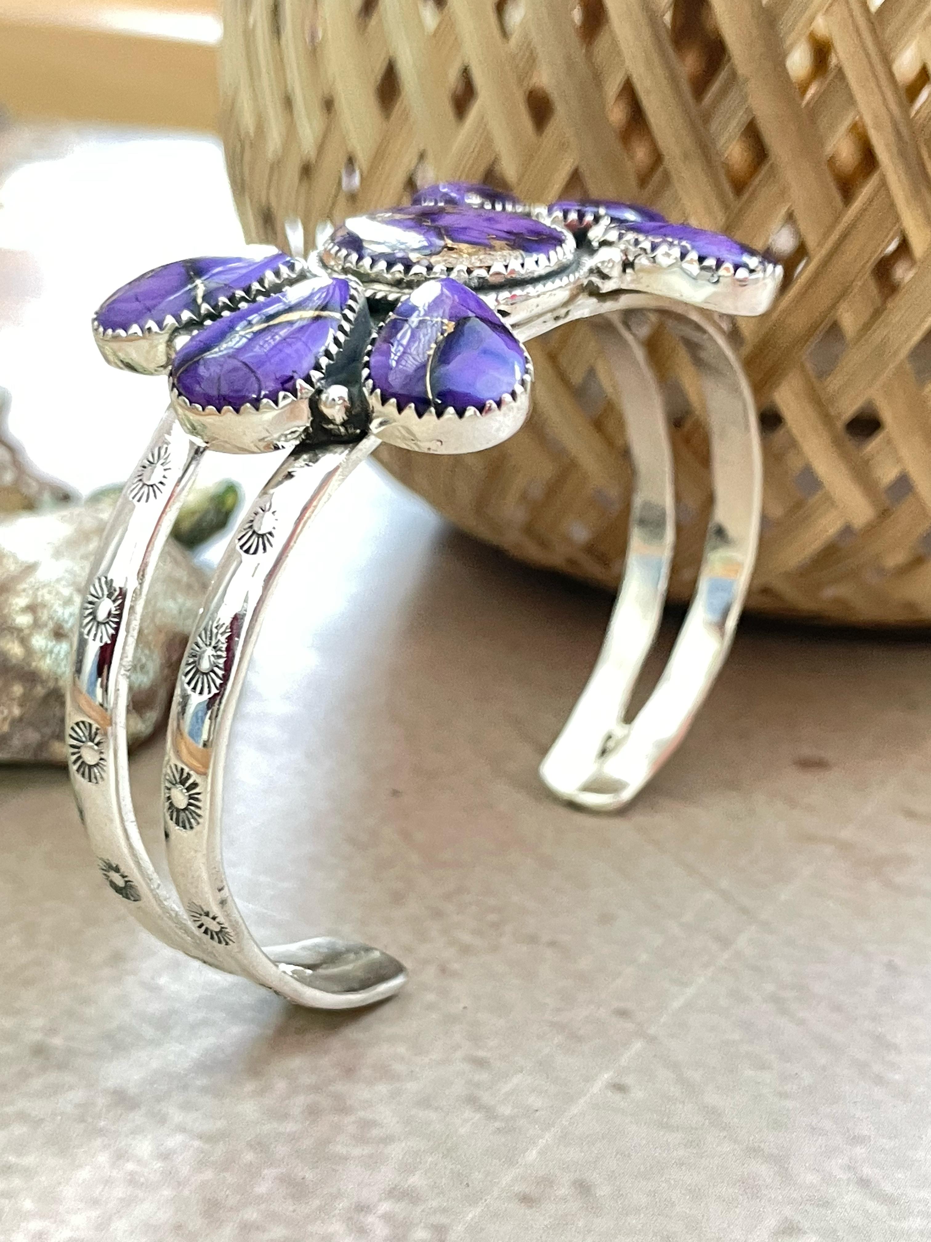 Handmade Sterling Silver Grape Dahlia Cuff Bracelet with Signed Nizhoni