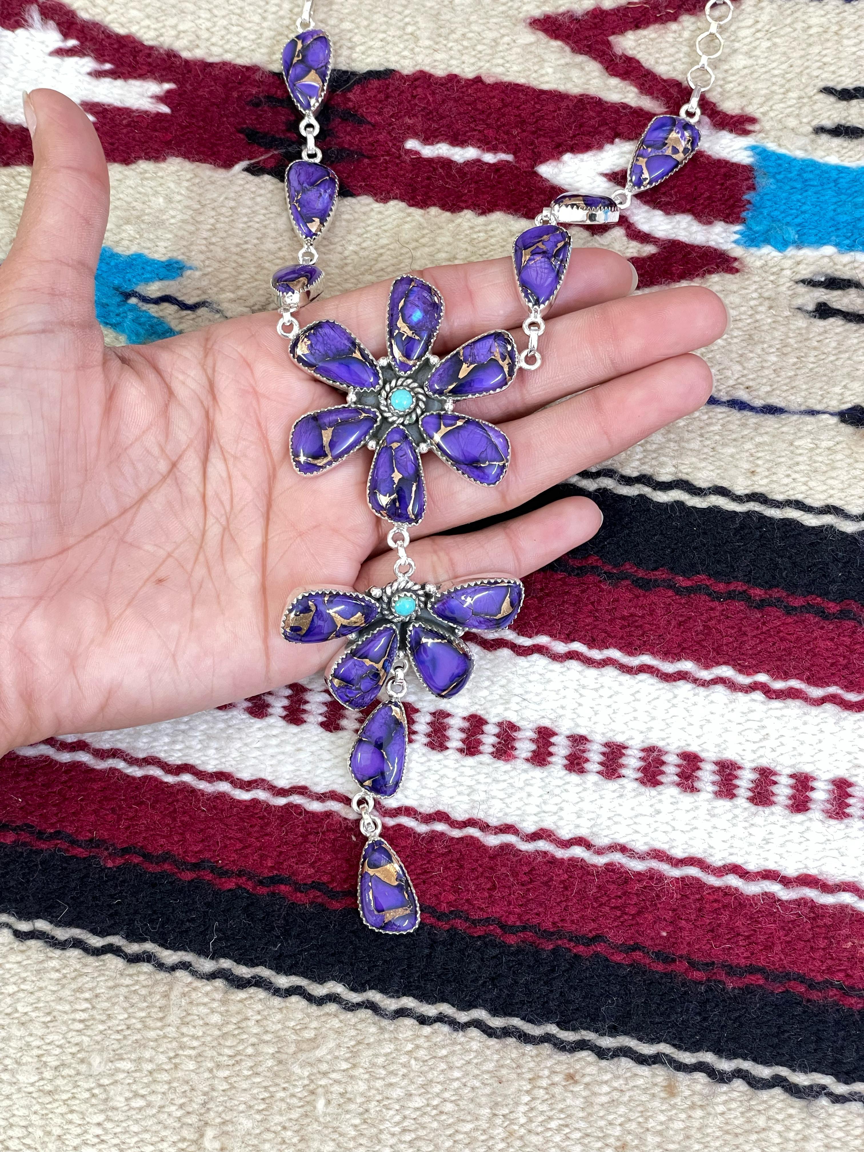 Handmade Sterling Silver Grape Dahlia with Kingman Turquoise Necklace with Signed Nizhoni