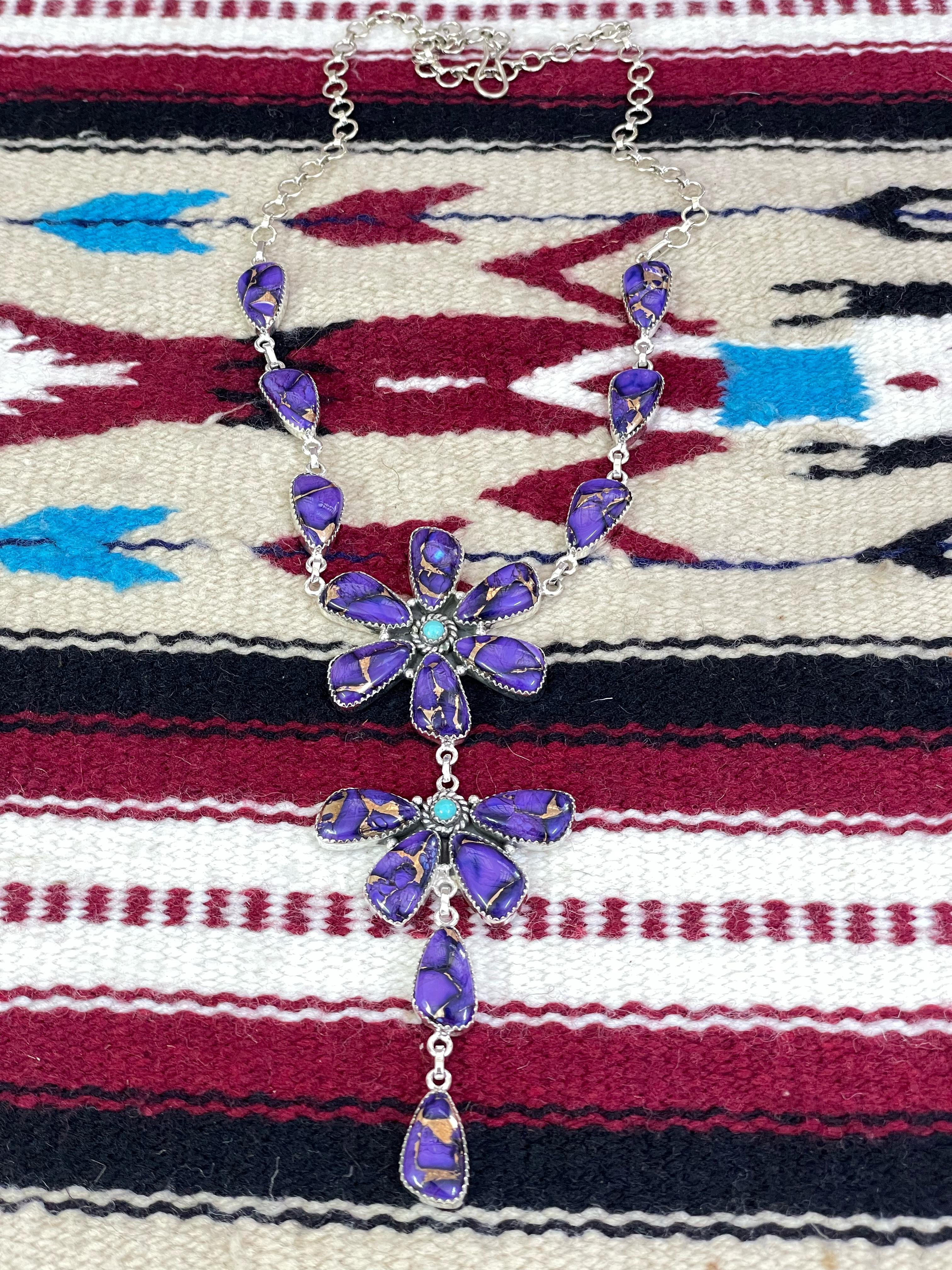 Handmade Sterling Silver Grape Dahlia with Kingman Turquoise Necklace with Signed Nizhoni