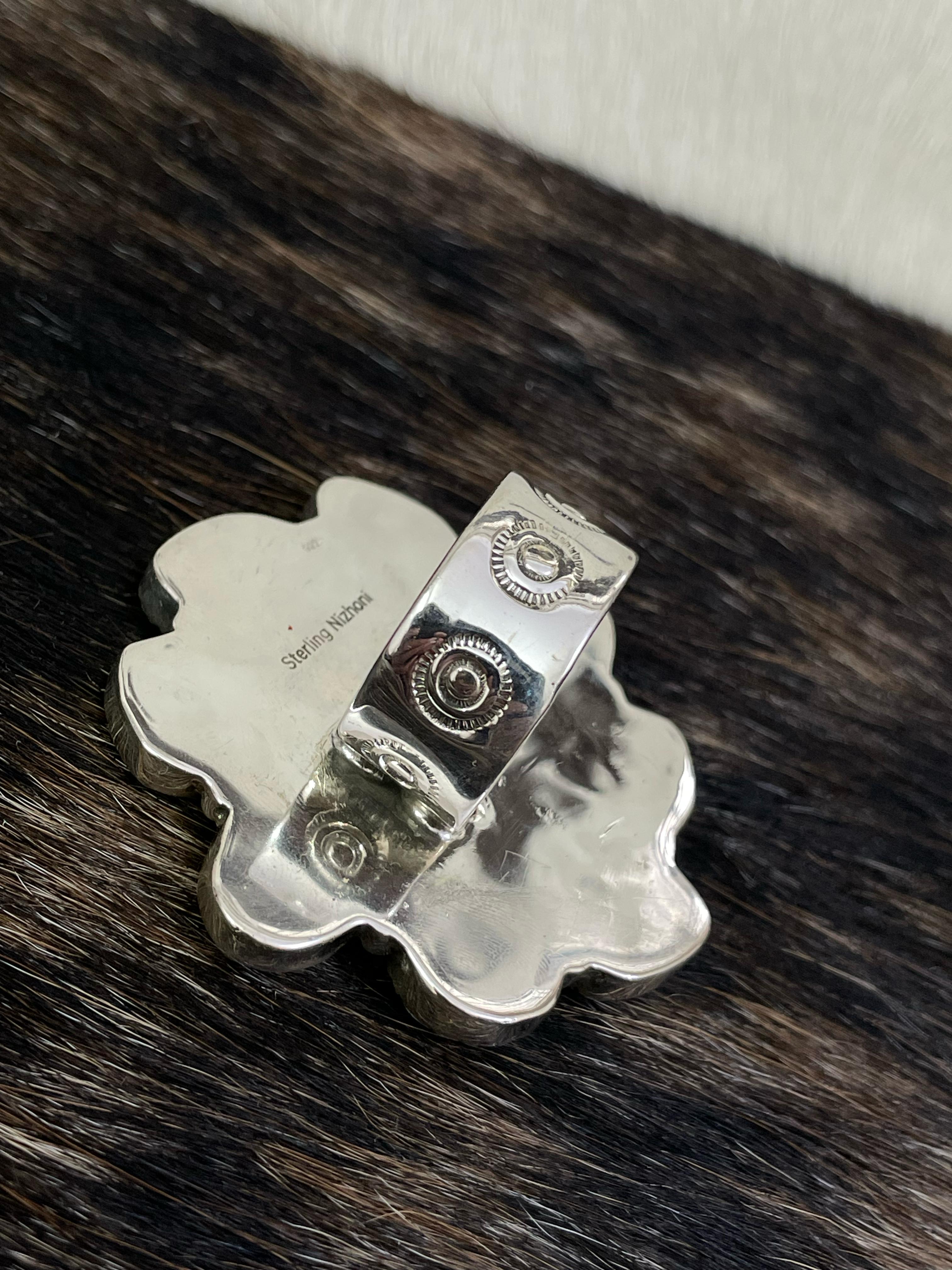 Handmade Sterling Silver Mint Dahlia Adjustable Ring with Signed Nizhoni