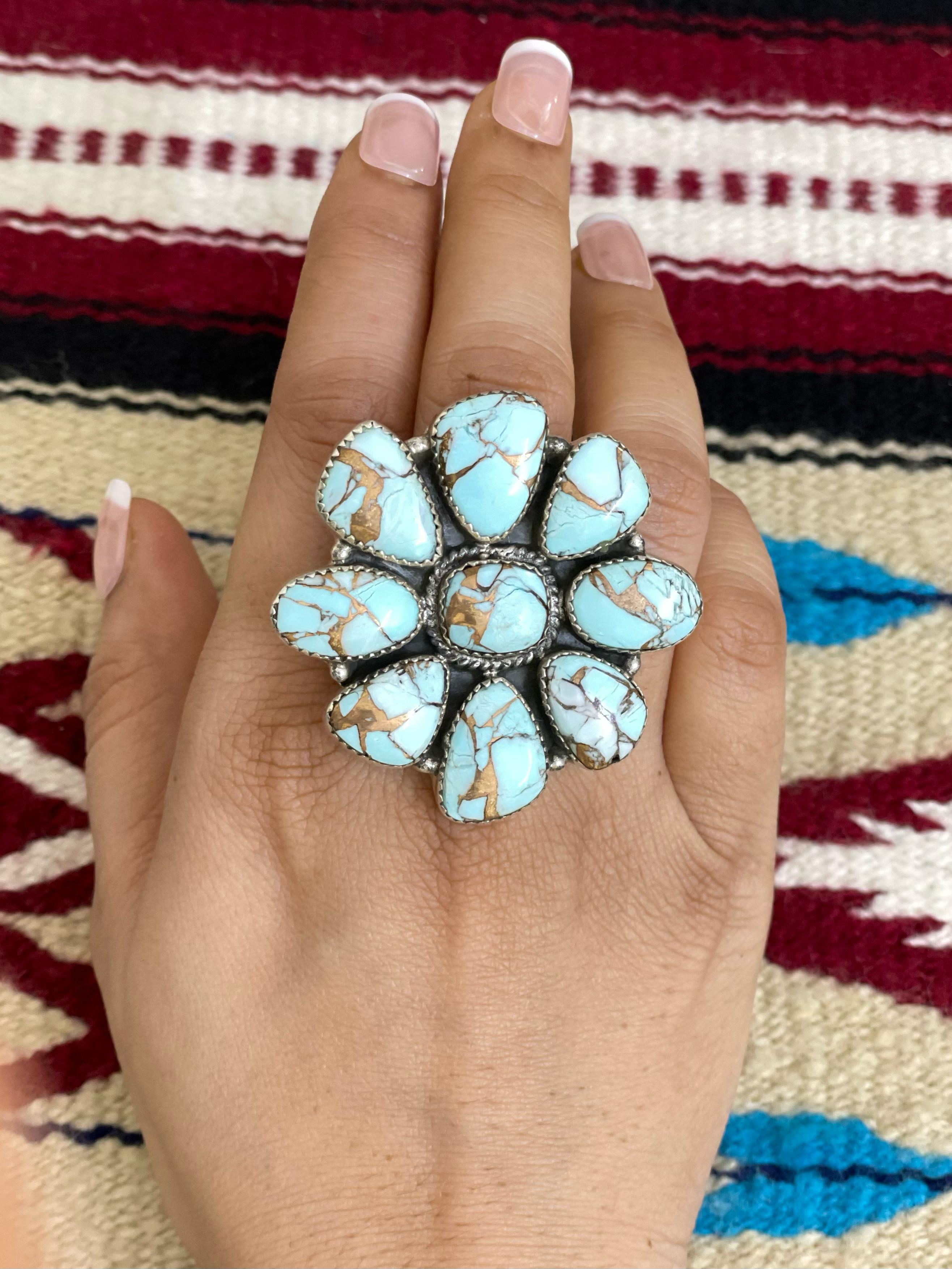 Handmade Sterling Silver Mint Dahlia Adjustable Ring with Signed Nizhoni